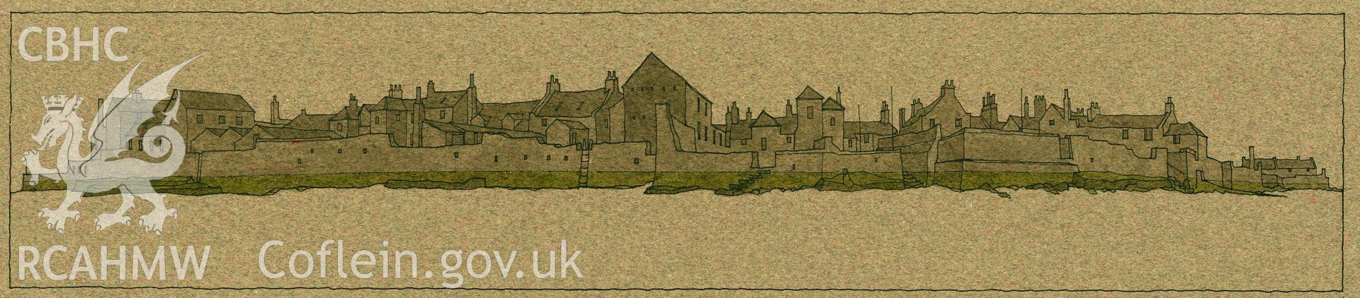Cellardyke Harbour, Scotland - Long drawing: coloured print on dark brown paper.