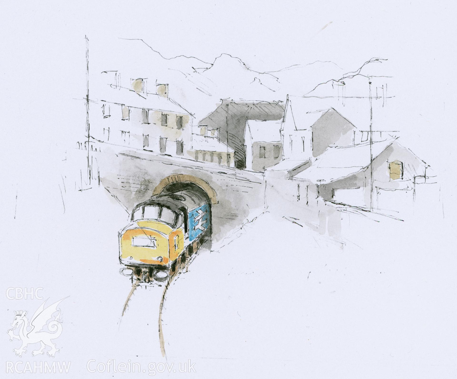 Train Squeezing Through Blaenau: (print and watercolour) drawing.