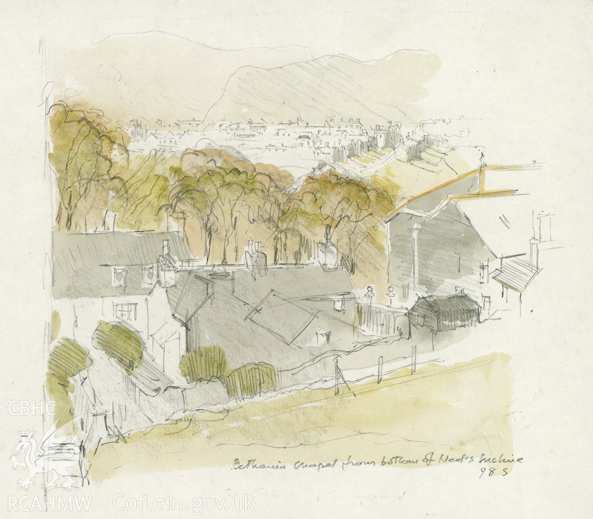 Bethania Chapel from the bottom of Ned's Incline: (pencil and watercolour) drawing.