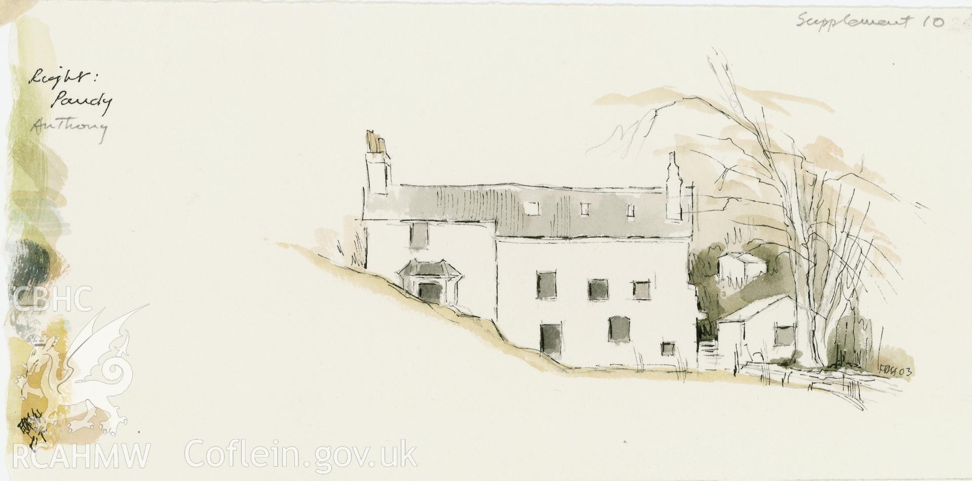 Pandy - View looking direct to mill: (ink and watercolour) drawing.