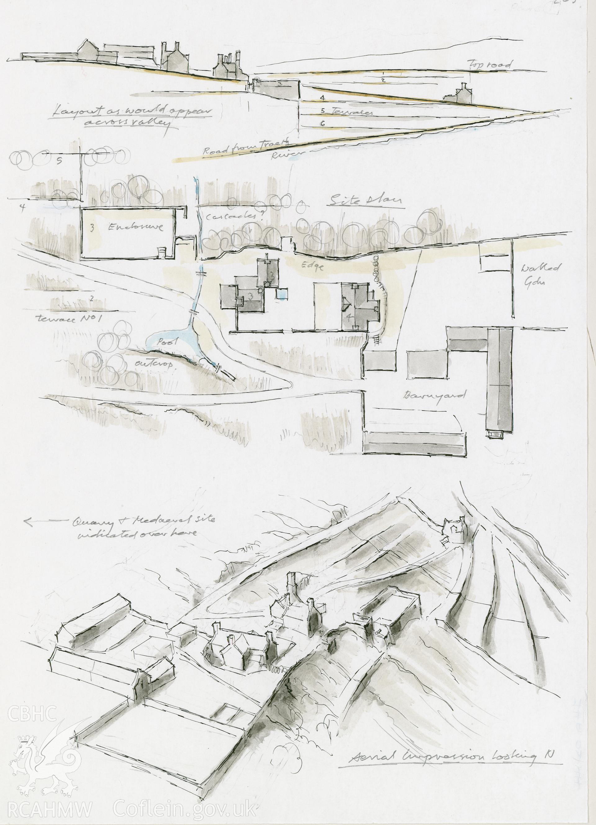 Margaret Dunn Series - Parc: (pencil, ink and watercolour) composite drawing showing diagramatic view from across the valley, plan, and aerial view.