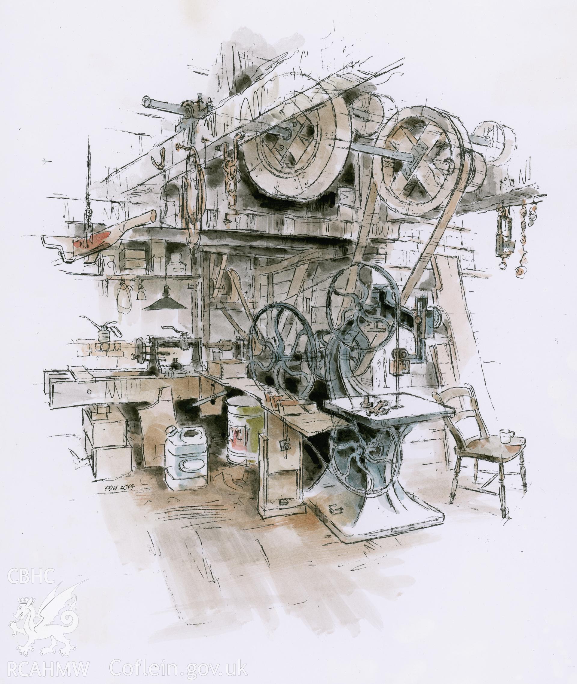 Pontdolgoch Sawmill: (pencil and watercolour) drawing.