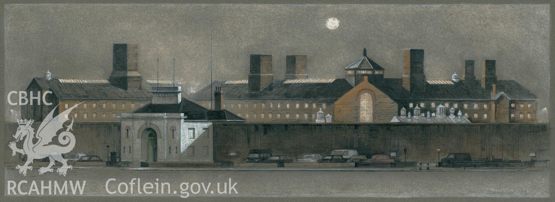 Cardiff Prison: framed (chalk on sepia paper) finished drawing.