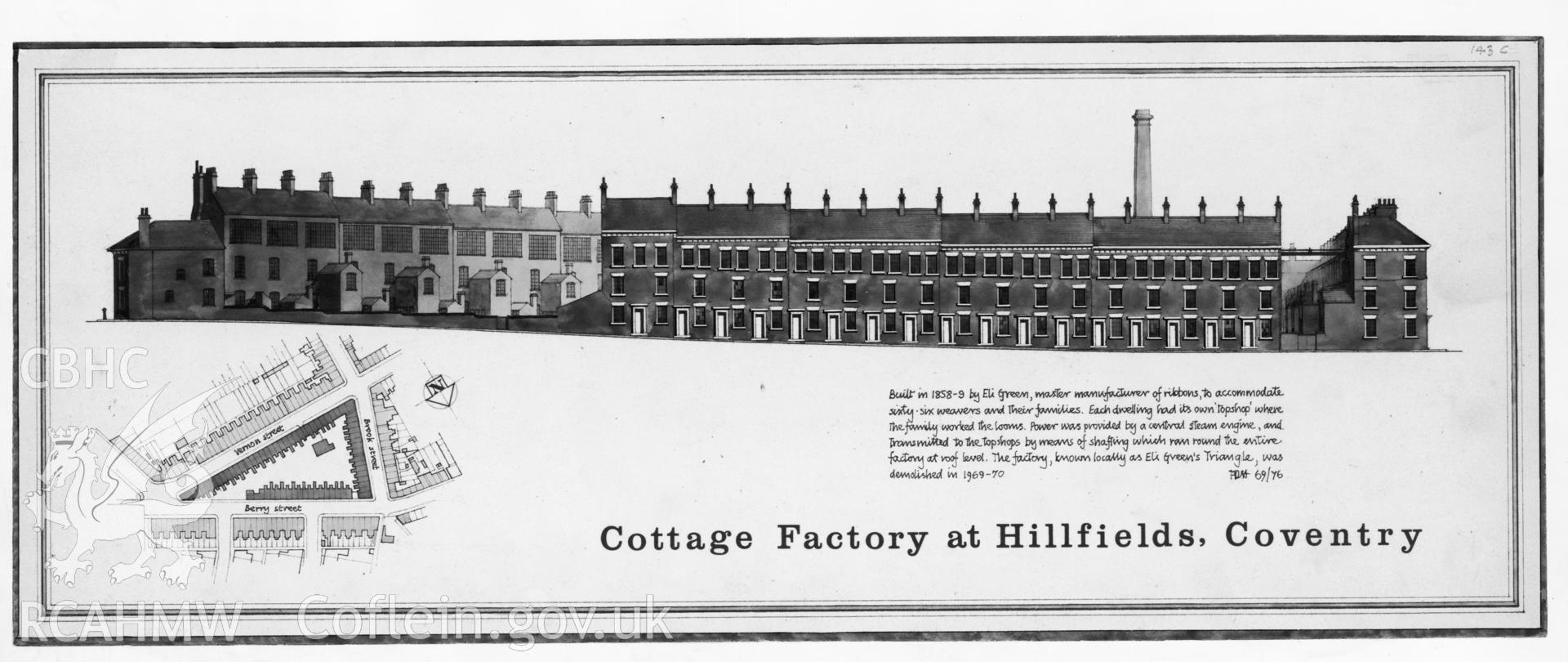 Eli Green's Cottage Factory, Coventry: gelatine print of  original (ink) tracing of plan, elevations and text.