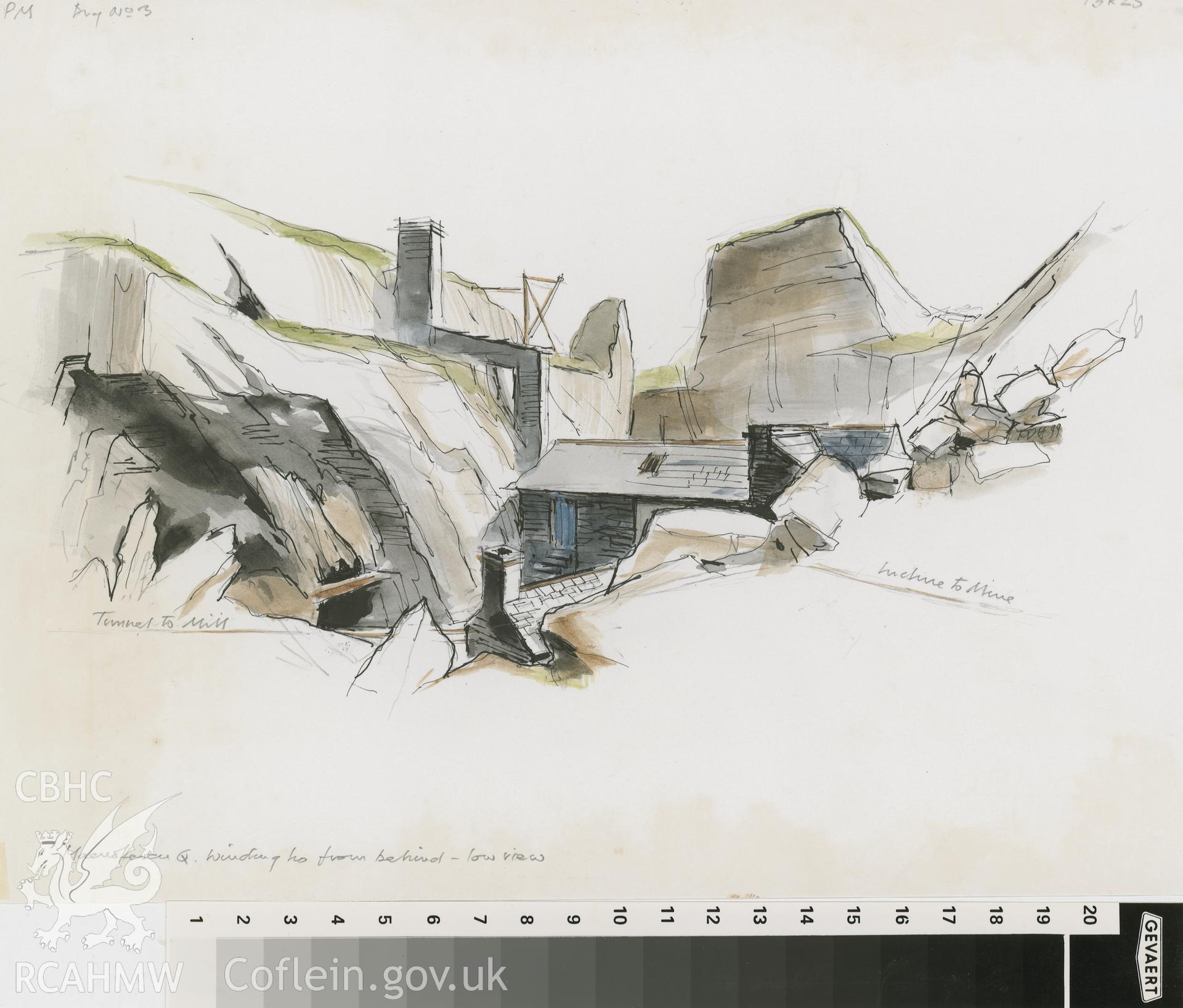Maenofferen Quarry - Windin. House: (pencil, ink and watercolour) detail drawing, looking across to chimney.