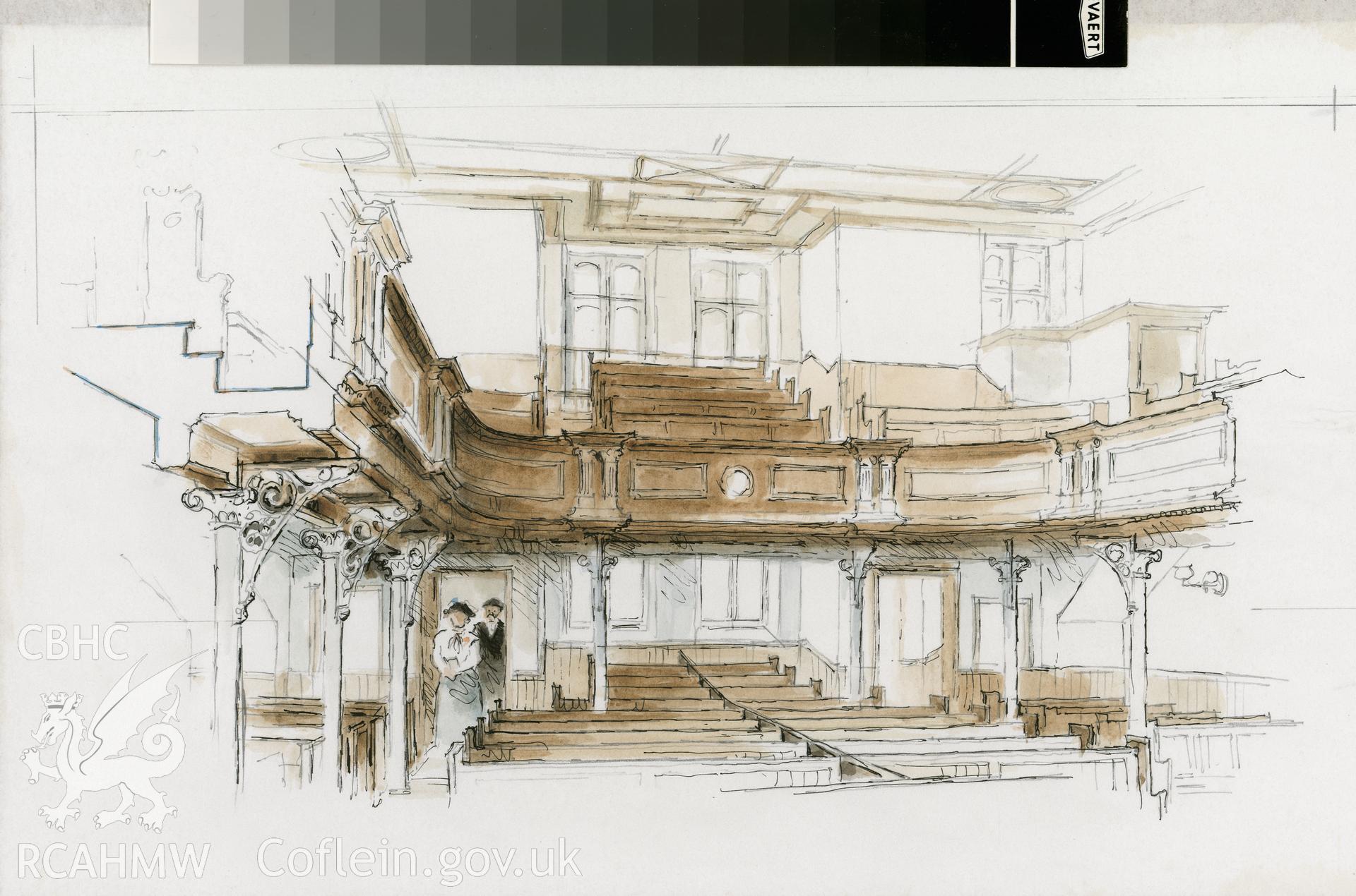 Bethania Chapel: (pencil, ink and watercolour) detail drawing of Looking to Entrance.