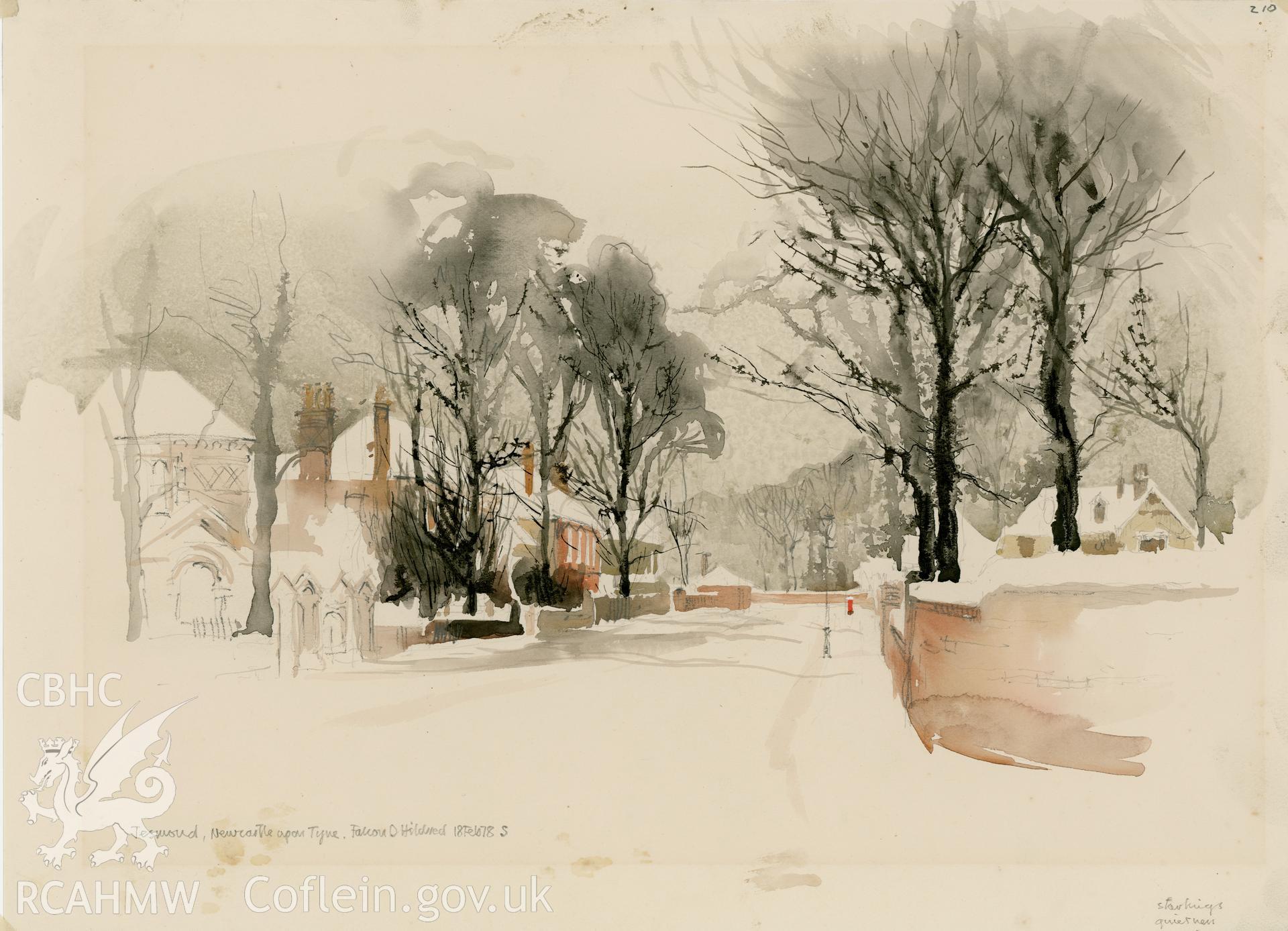 Jesmond in Snow, Newcastle: (pencil and watercolour) drawing.