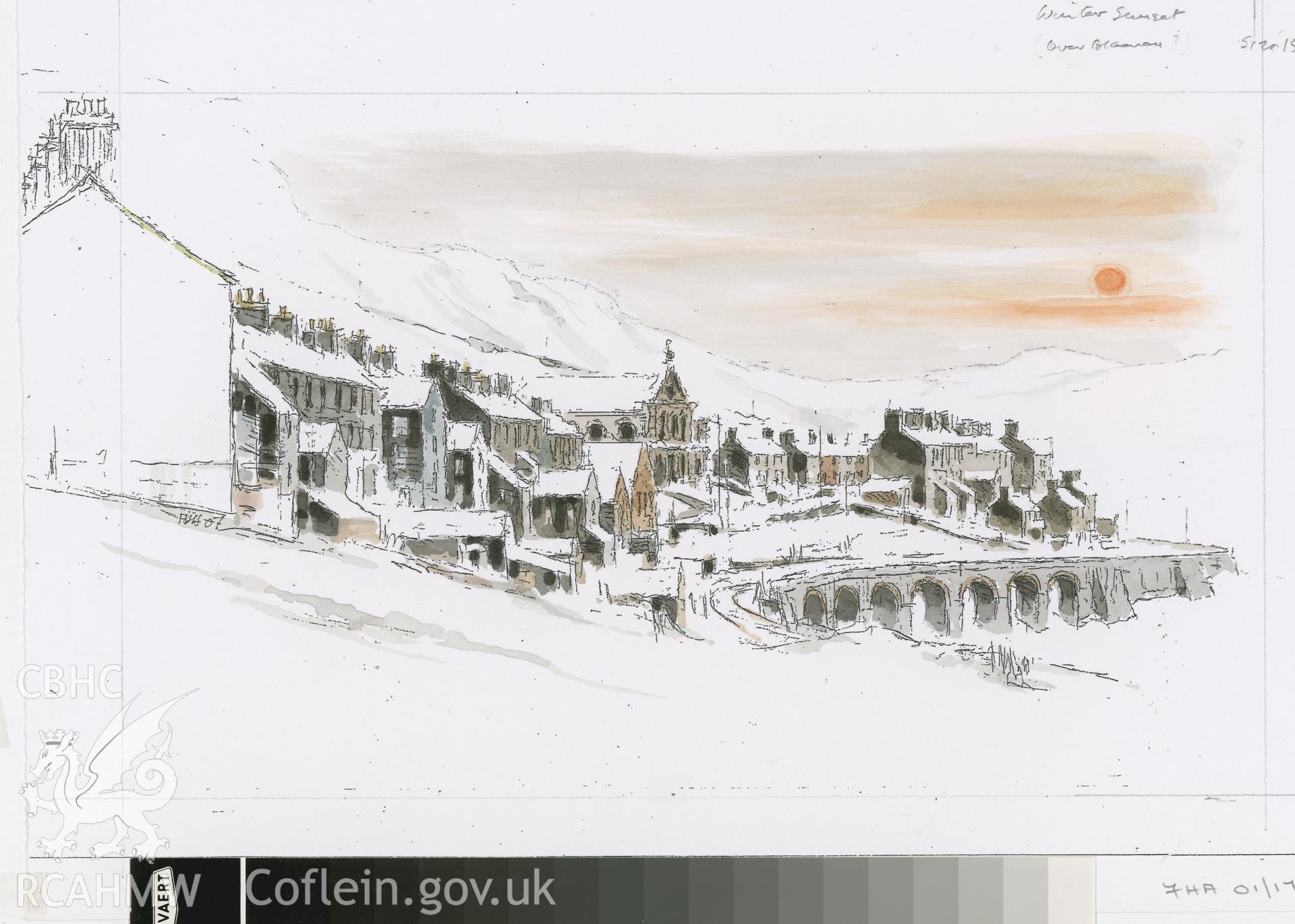Winter Sunset over Blaenau - excluding Summer Hill: original (line print and watercolour) drawing.