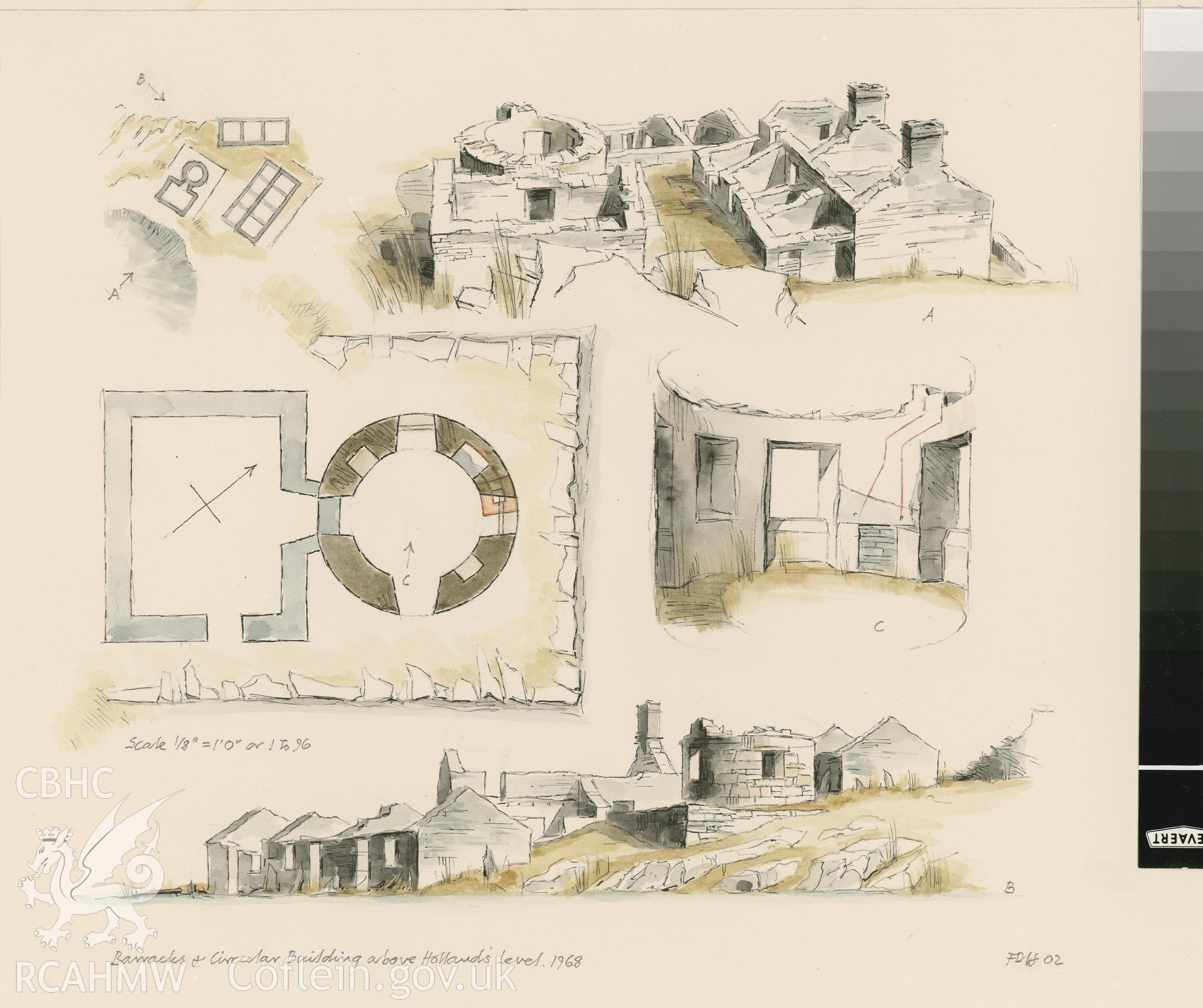 Holland's Level - Circular Building: (pencil, ink and watercolour) drawing.