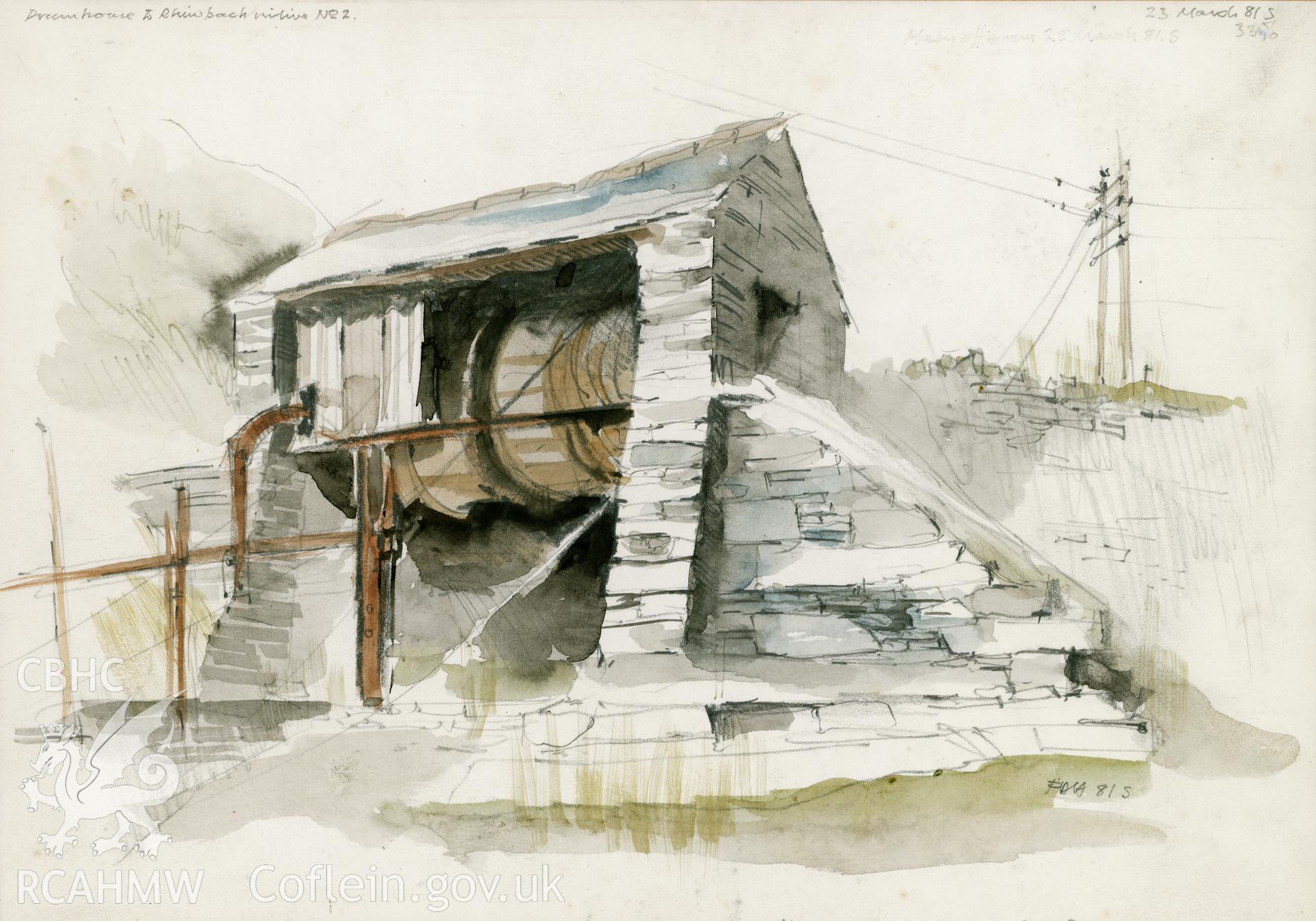 Rhiwbach Drumhouse: (pencil and watercolour) drawing.