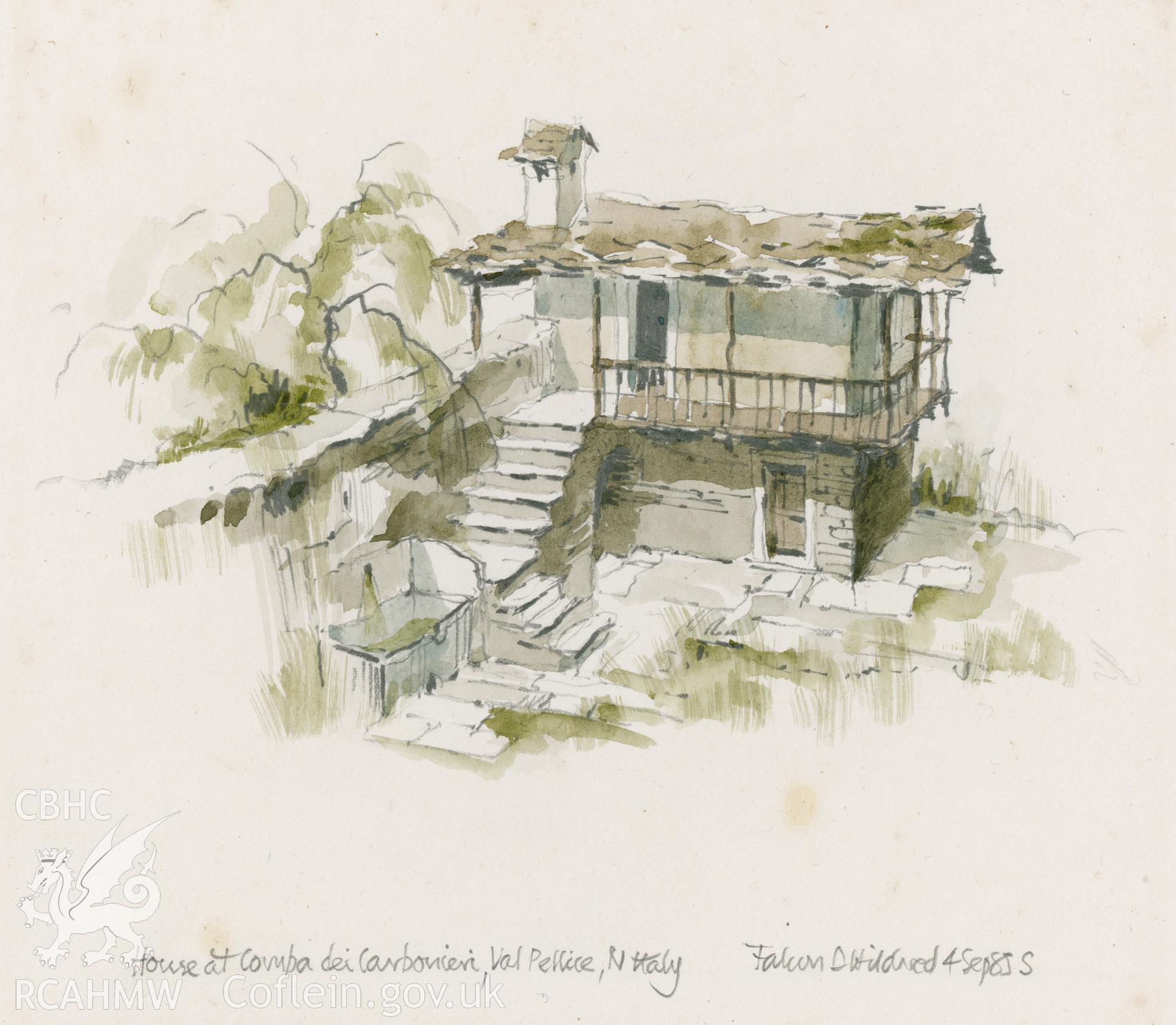 House at Cambria dei Carbonieri, Italy - Looking Along Wall: (pencil and watercolour) drawing.