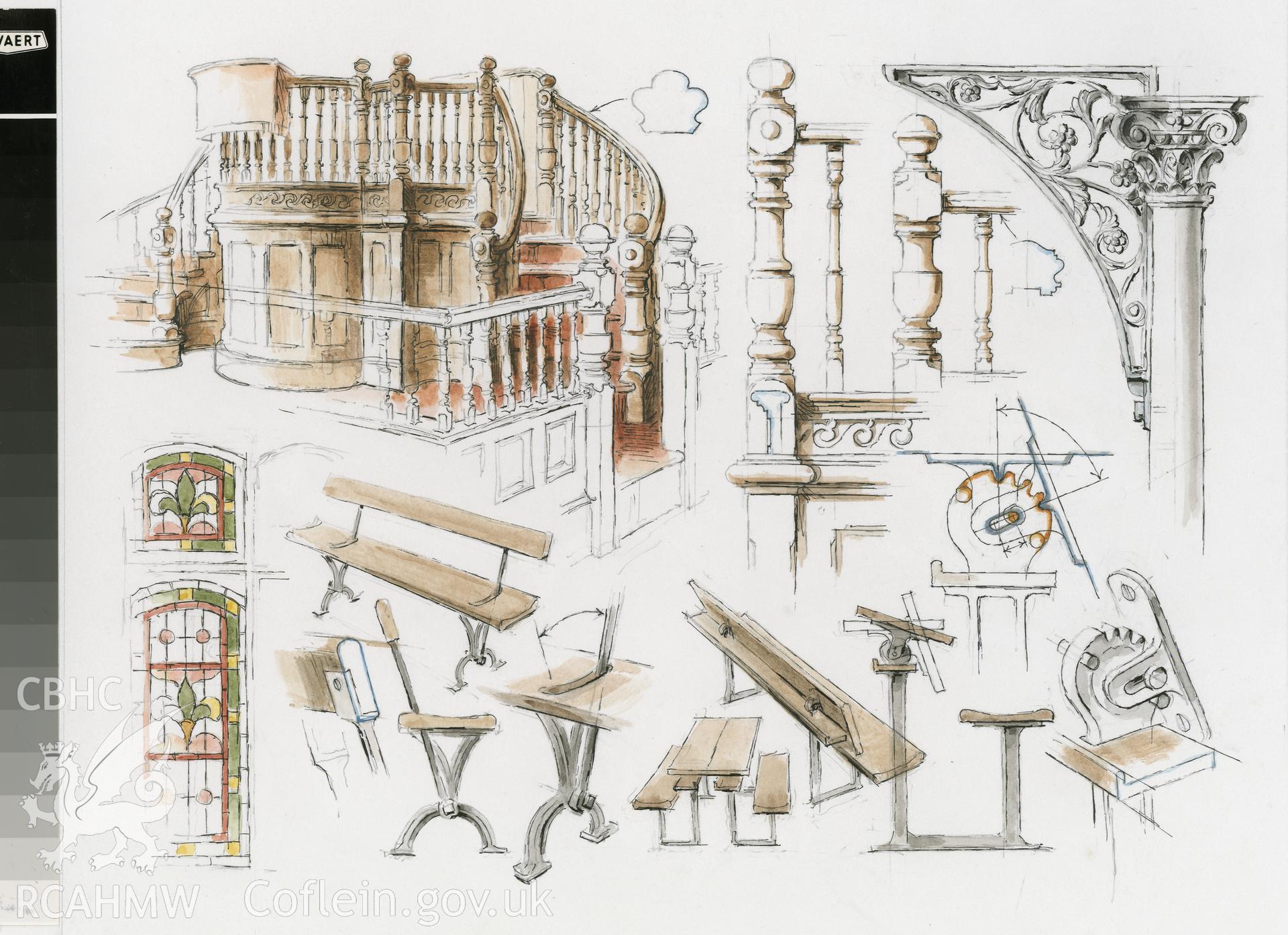 Bethania Chapel: (pencil, ink and watercolour) general details drawing.