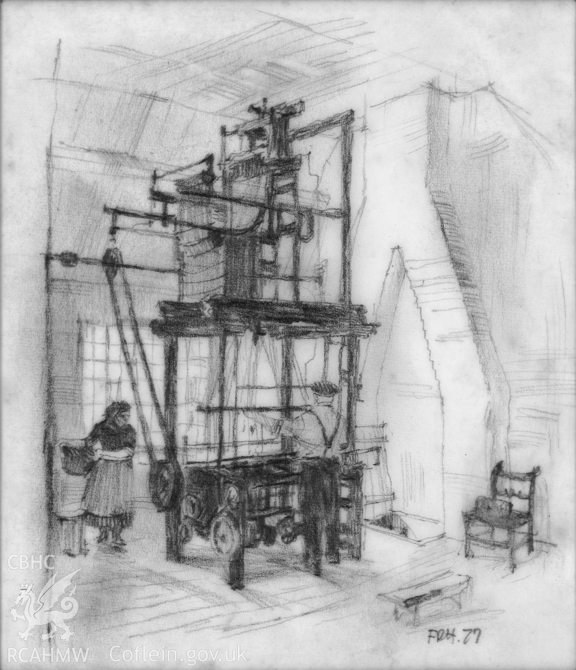 Eli Green's Cottage Factory, Coventry: (pencil) drawing, 'Top shop with loom'.
