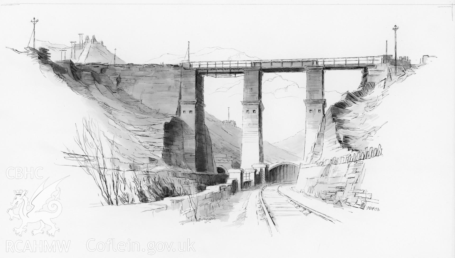 Pant yr Afon: (pencil, ink and watercolour) drawing, Viaduct from Main Line.