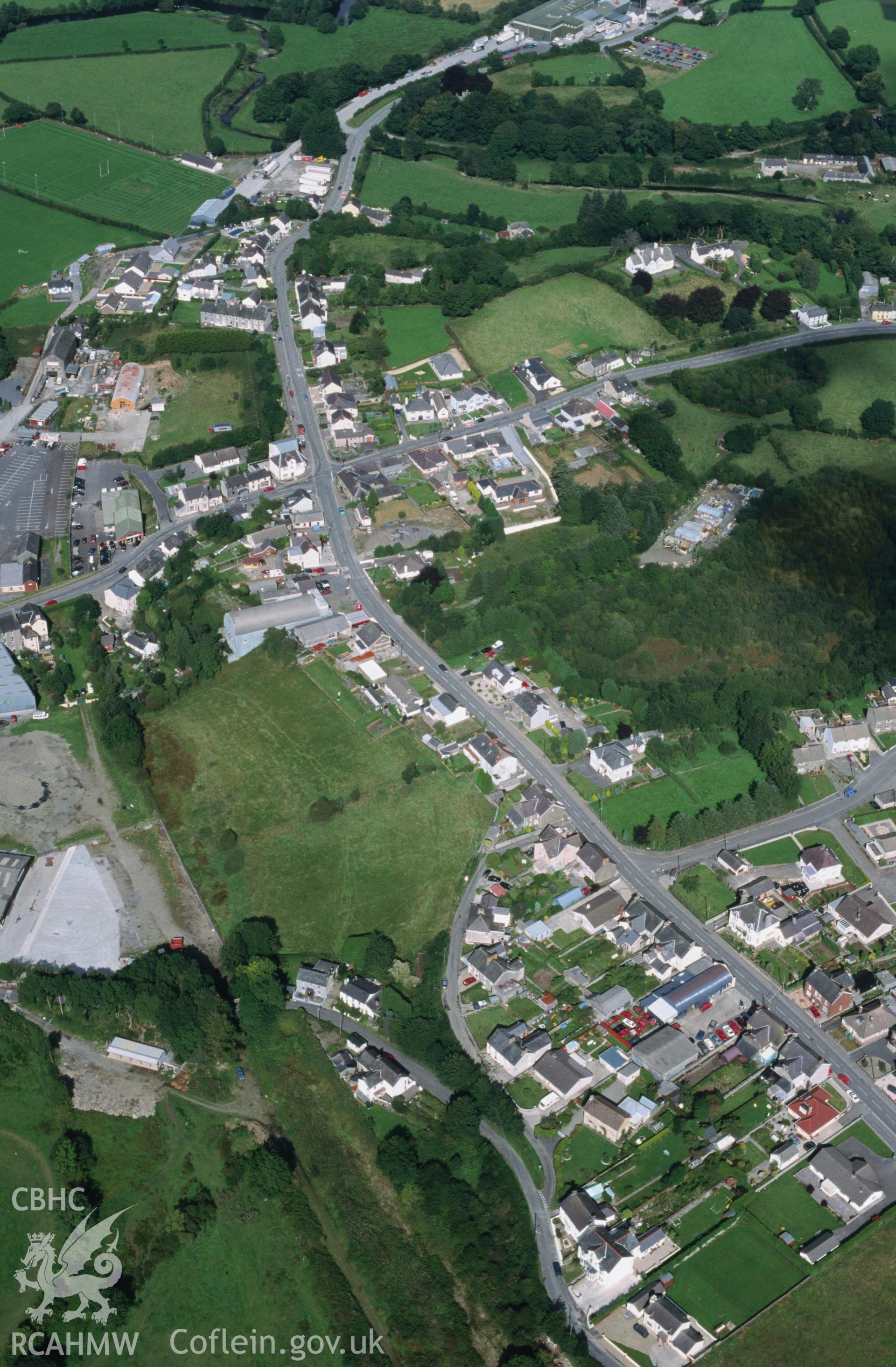 Slide of RCAHMW colour oblique aerial photograph of Llanybydder;llanybyther, taken by T.G. Driver, 4/9/2001.