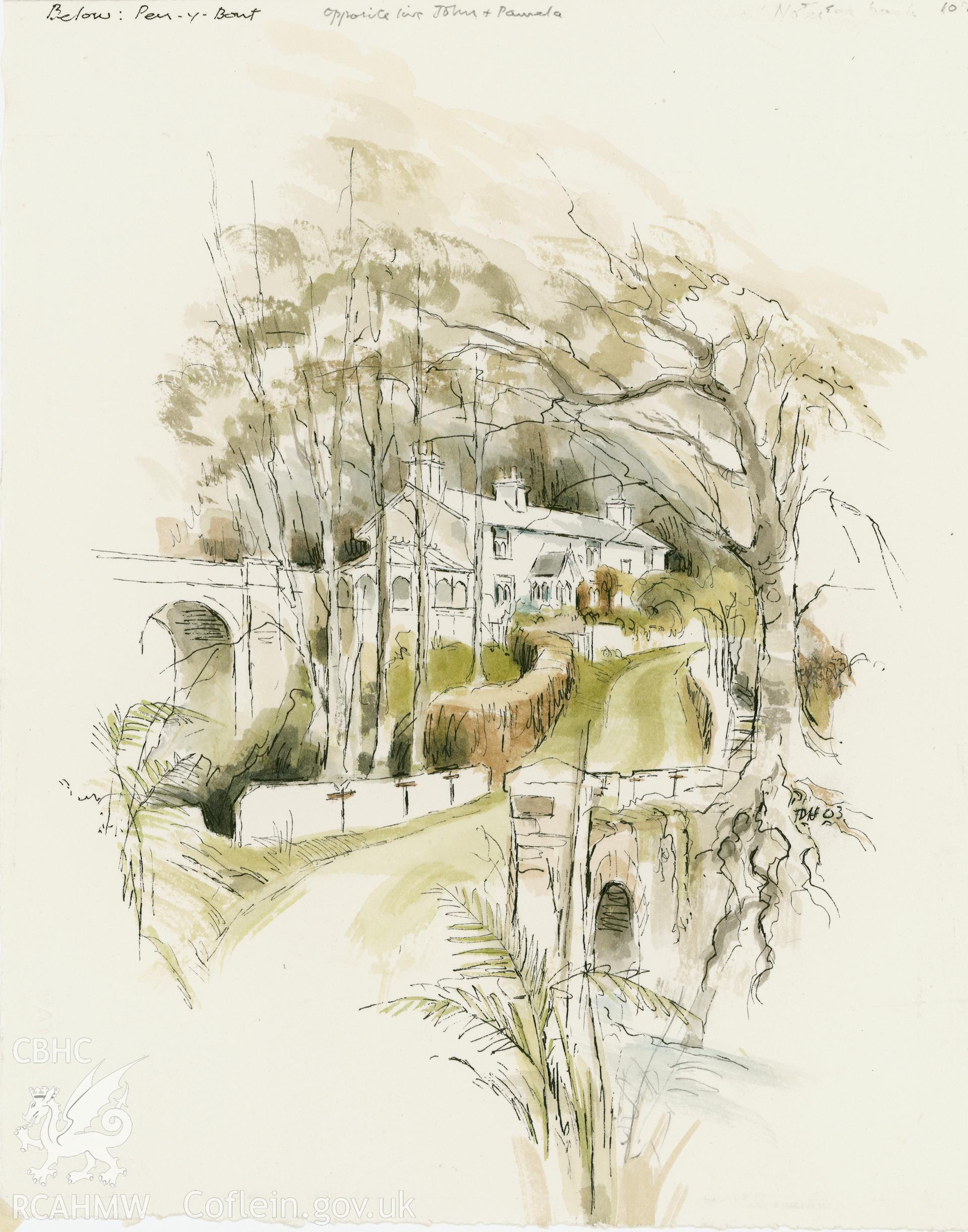 Pandy - View across bridge looking up lane: print.