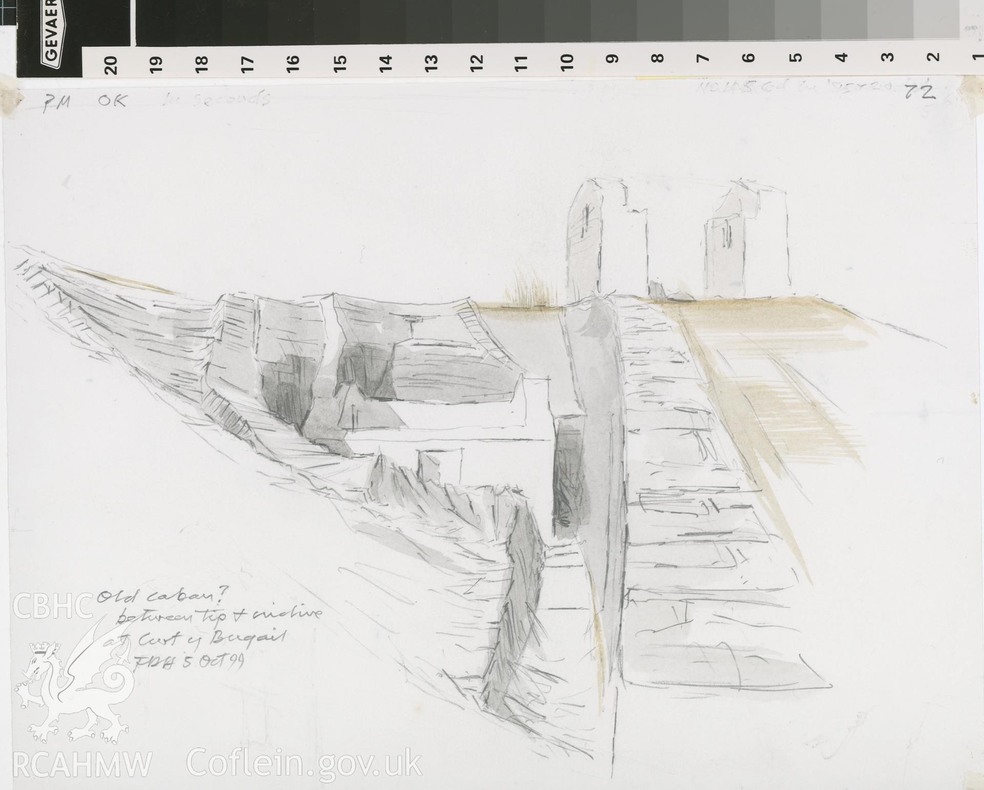 Cwt y Bagail: (pencil and watercolour) drawing, showing old caban or magazine tucked away beside incline.