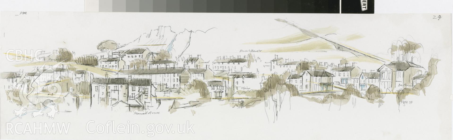 Blaenau from Pengwndwn: (pencil, ink and watercolour) drawing showing detail of Manod and Bethania.