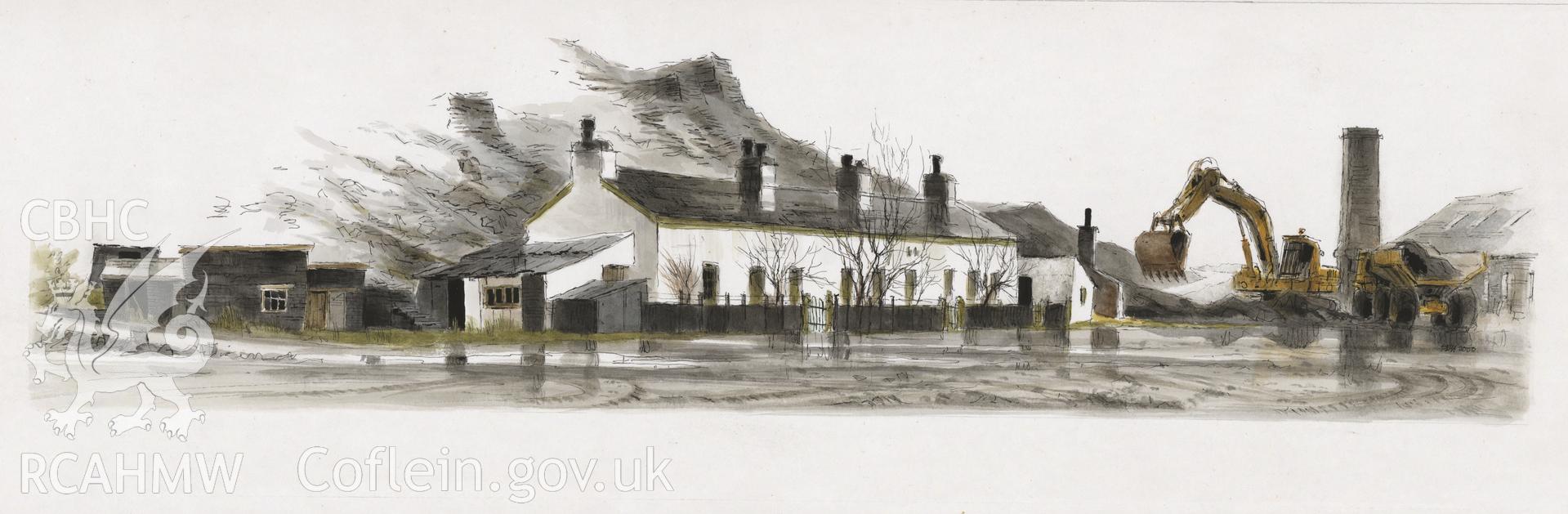 Gloddfa Ganol Cottages - Exterior with Digger: (pencil, ink and watercolour) drawing.