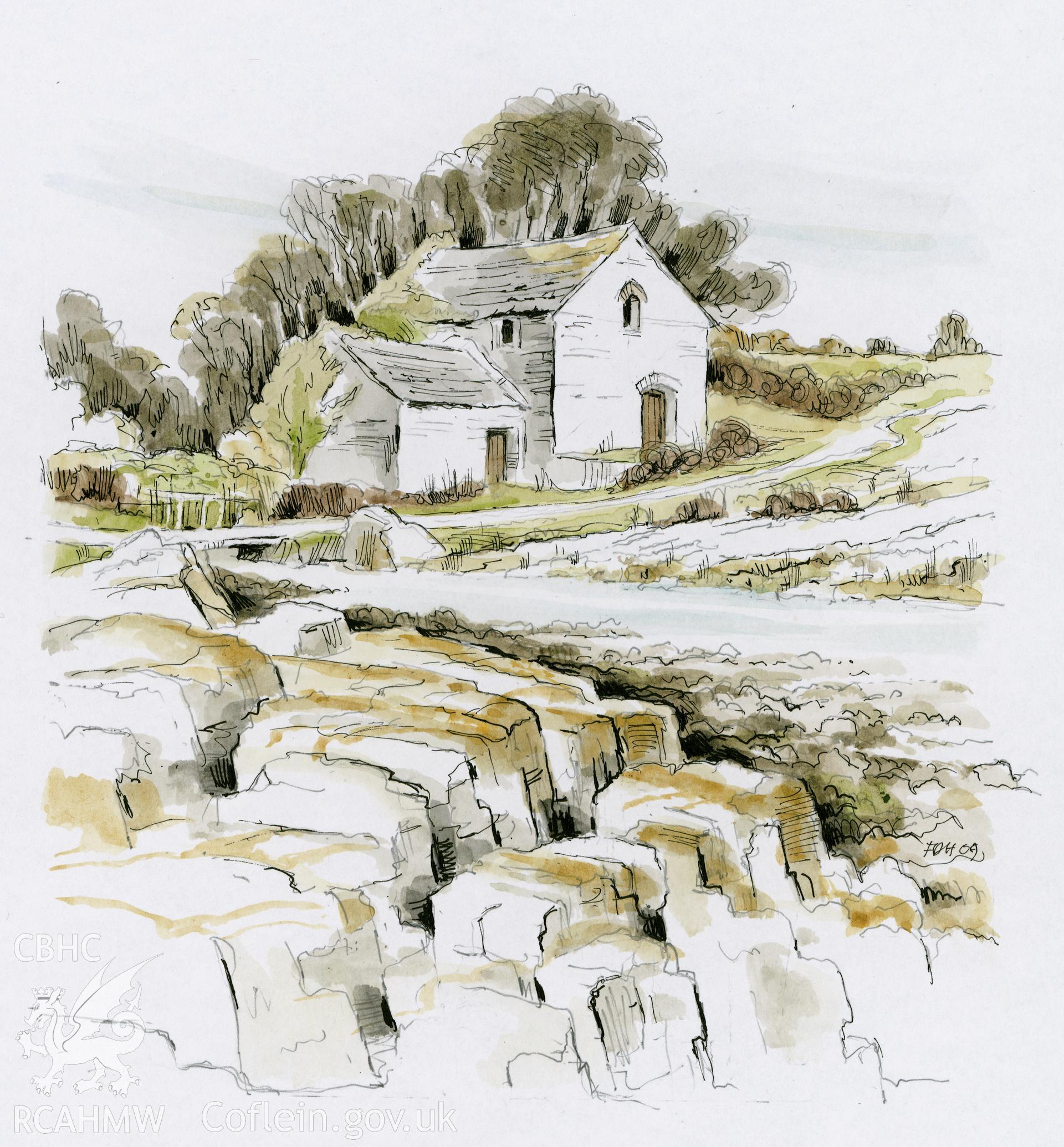 Welsh Mills Society Cover - Felin Gafnan: (pencil, ink and watercolour) drawing.