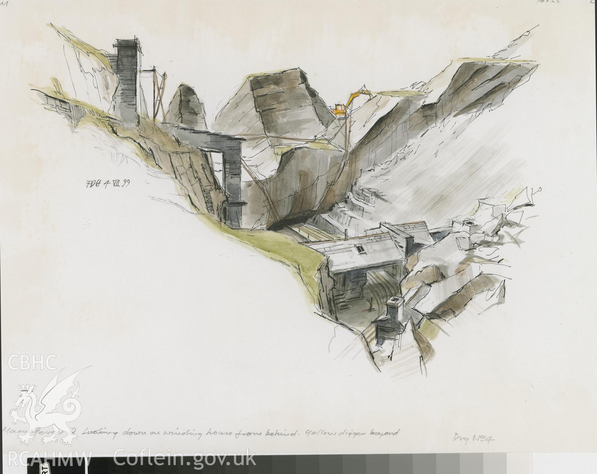 Maenofferen Quarry - Windin. House: (pencil, ink and watercolour) detail drawing, from chimney side.
