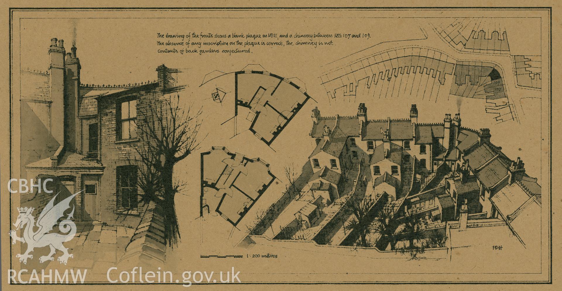 111 Prospect Vale, London - Rear & Plan: gelatine (and watercolour) print.