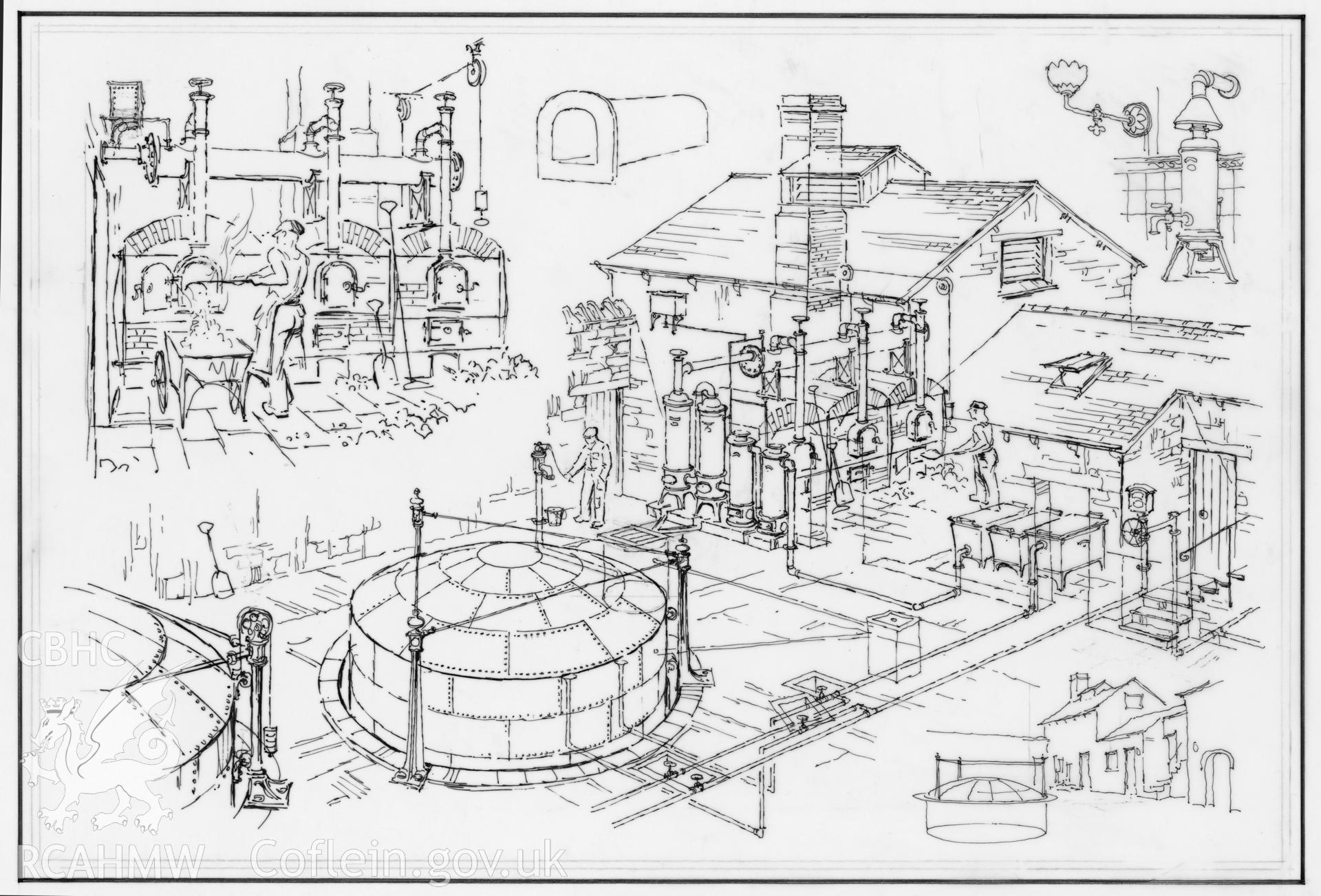Parc Glynllifon Estate Workshops - Gasworks: original (ink) drawing.