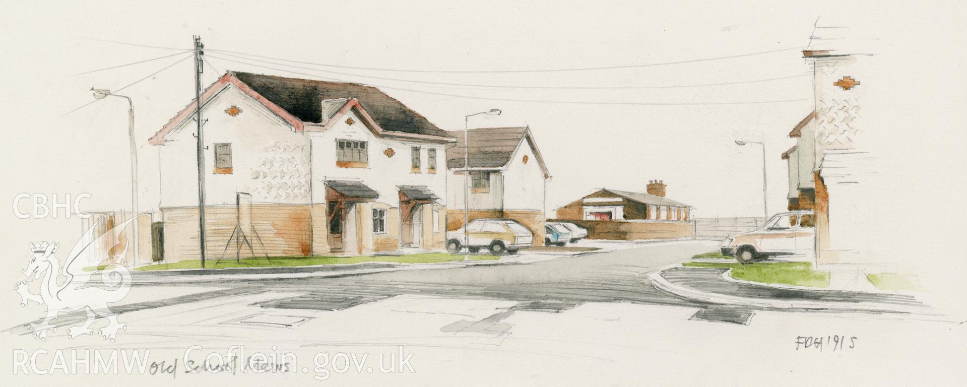 Overton-on-Dee: (pencil and watercolour) drawing, Newly Built Houses, Old School Mews.