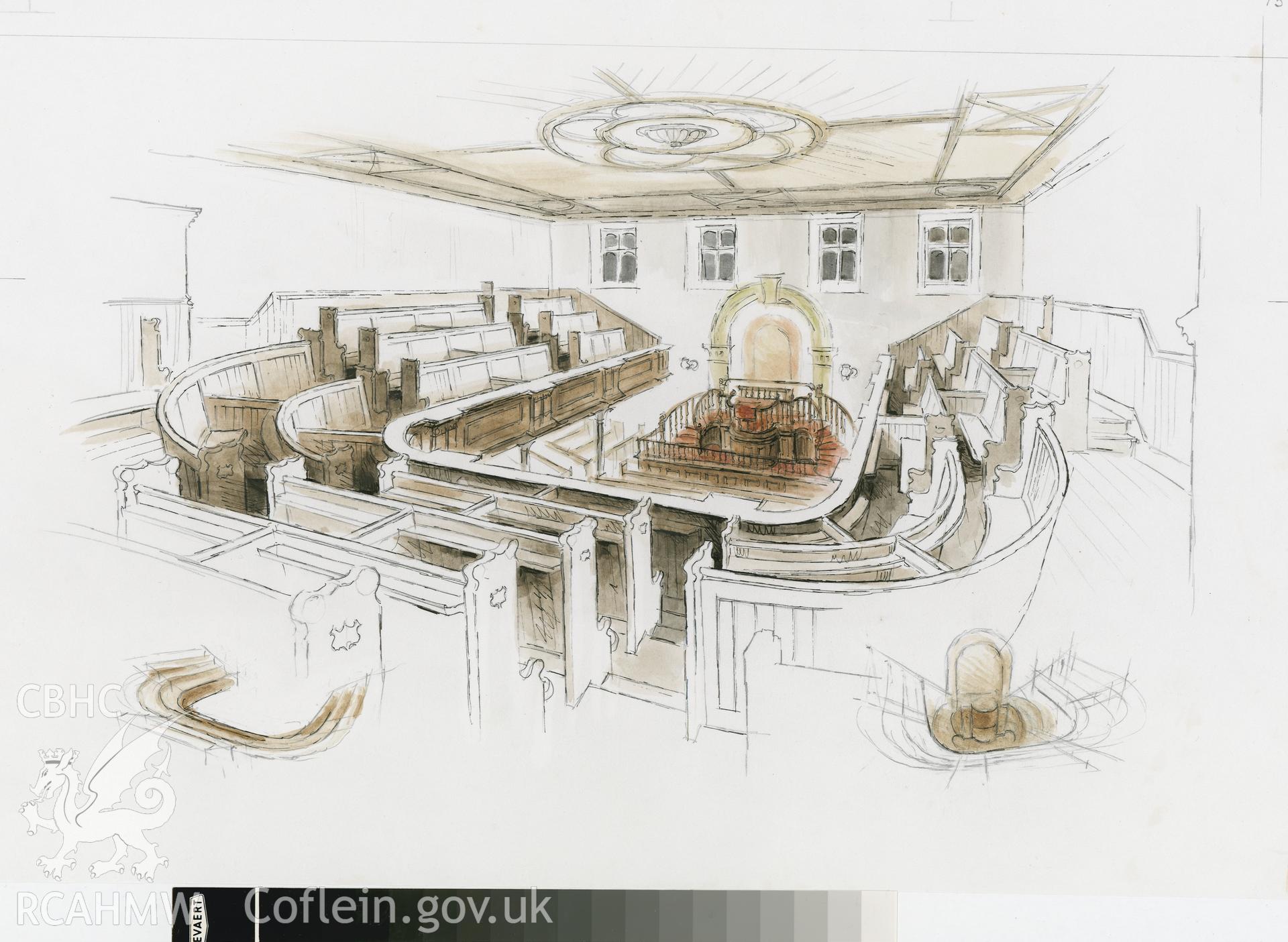 Bethania Chapel: (pencil, ink and watercolour) detail drawing of Gallery, looking towards Set Fawr.