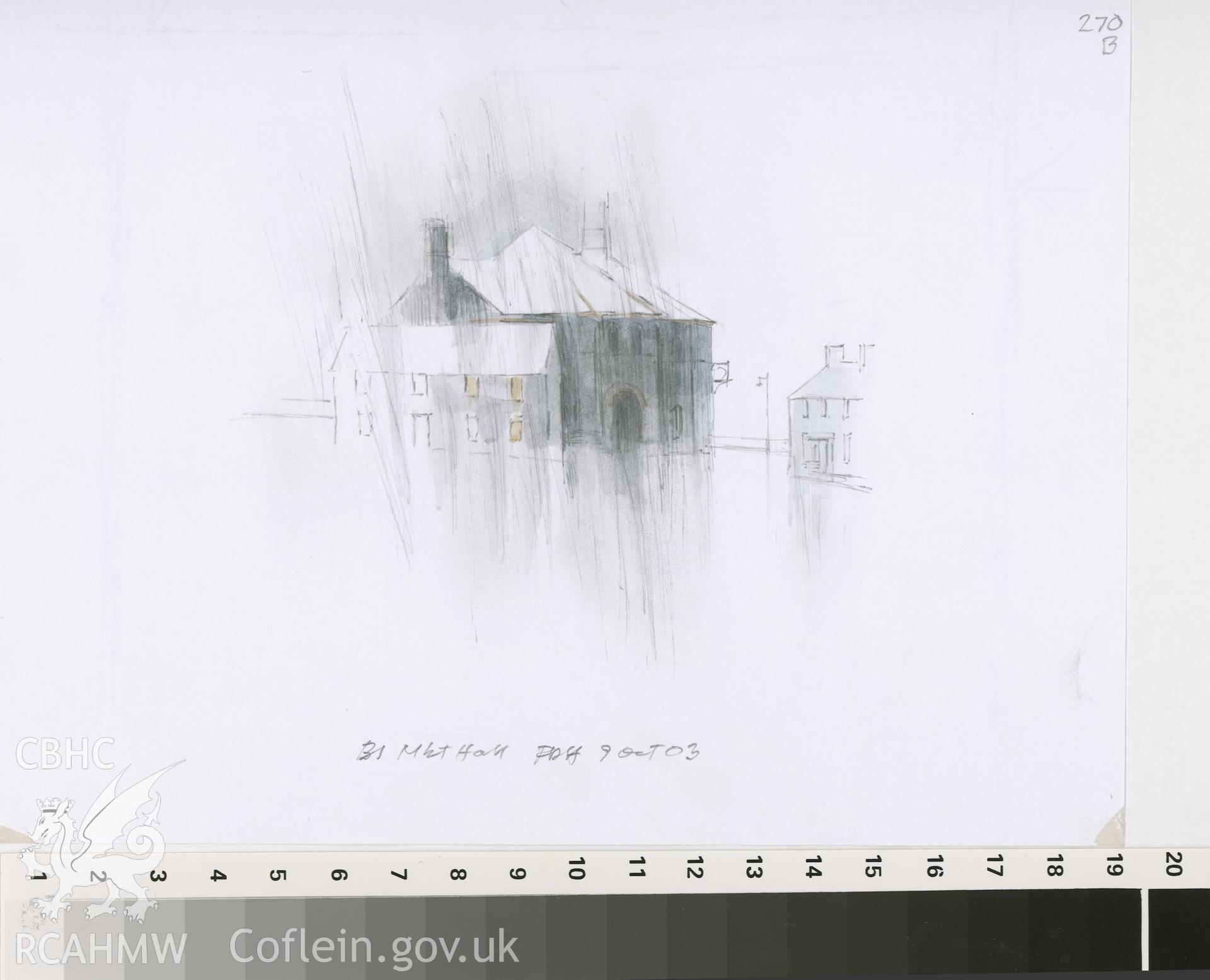Market Hall - Forlorn: (pencil and watercolour) preliminary drawing.