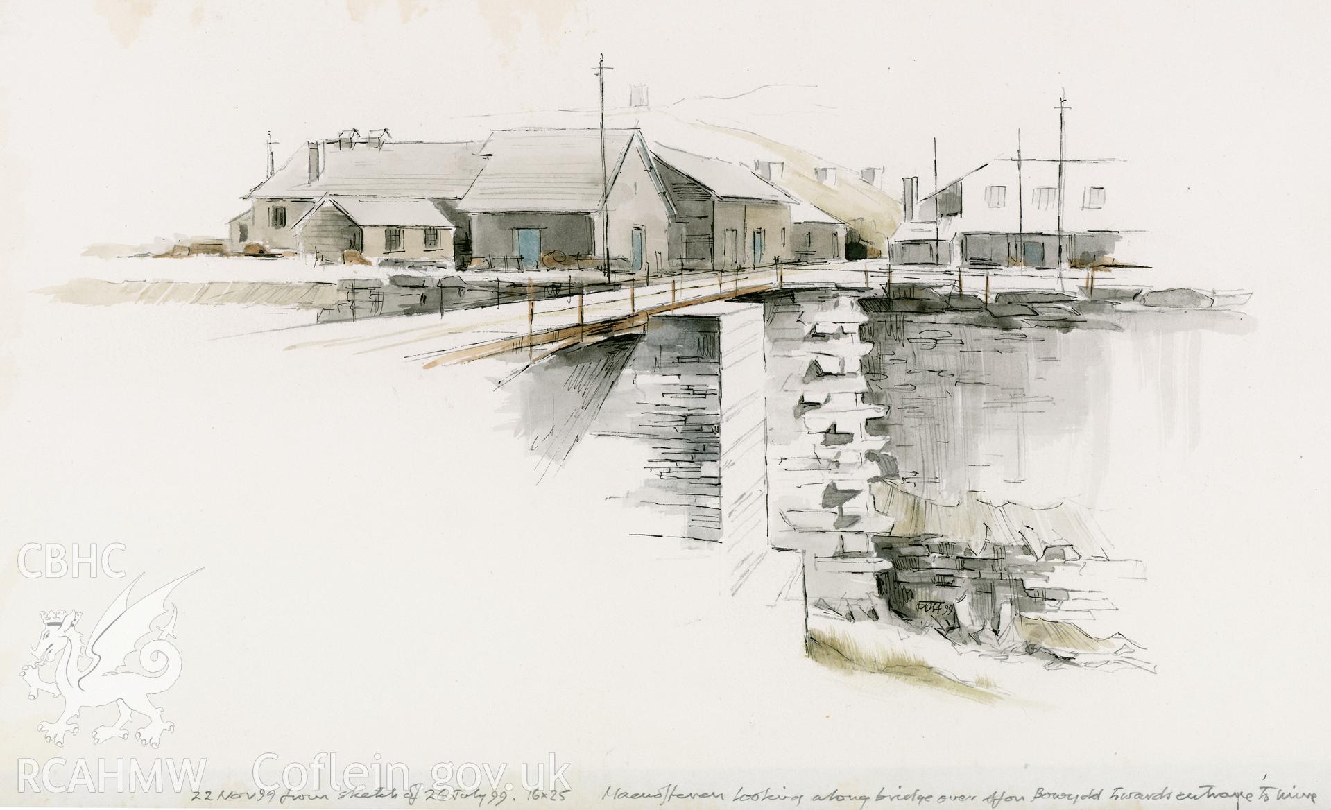 Bridge to Mine: (pencil, ink and watercolour) drawing, Maenofferen.
