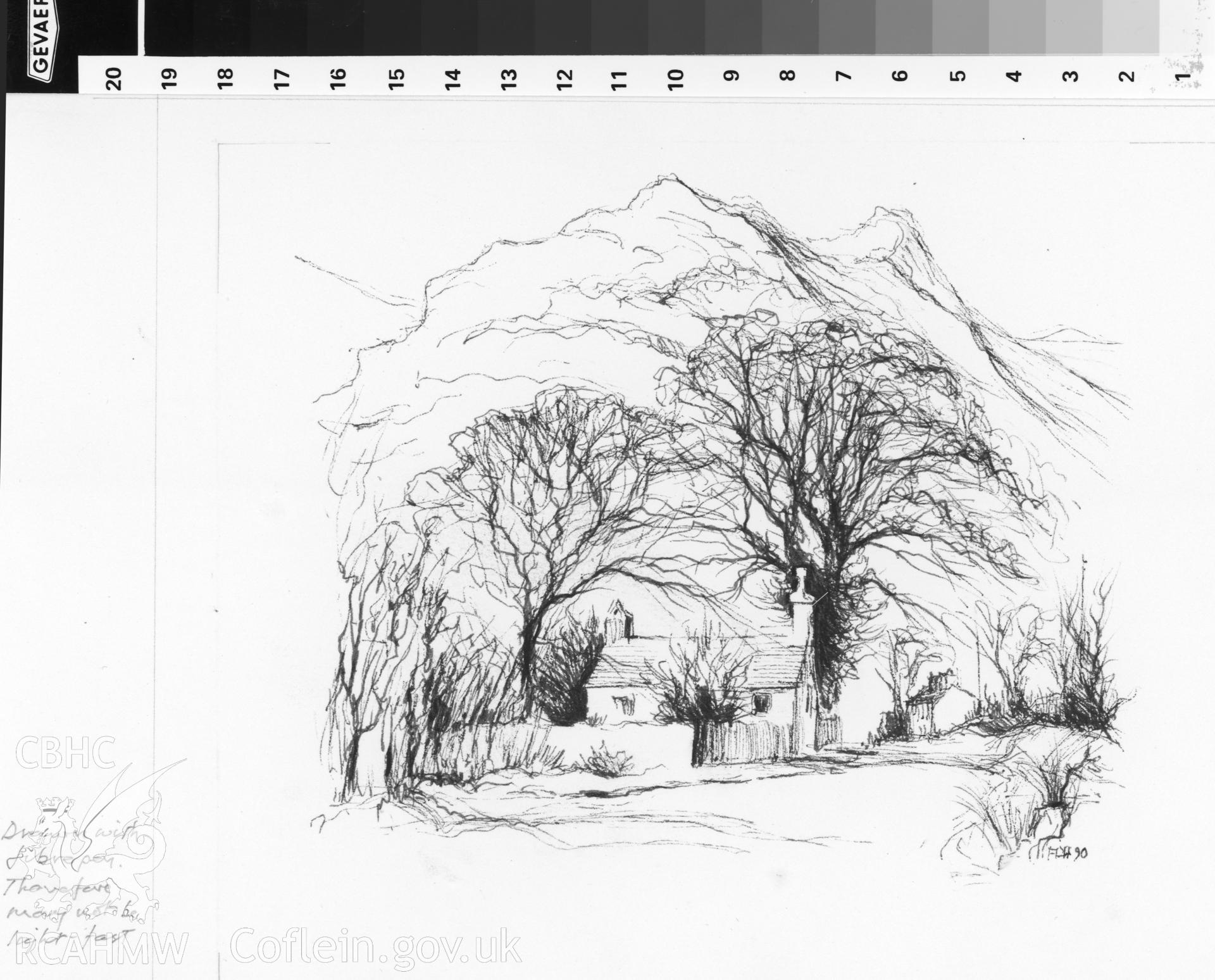Cottage on A496: felt pen drawing.