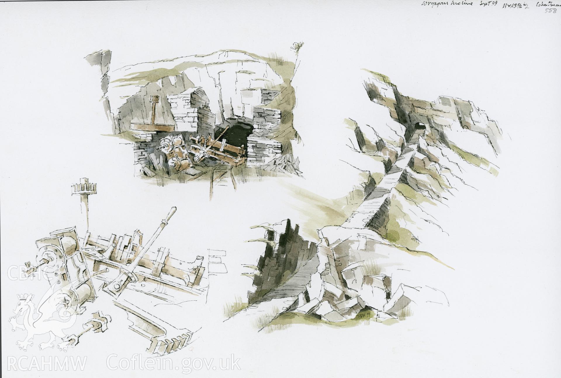 Wrysgan Incline - 3 Views: (pencil, ink and watercolour) drawing.