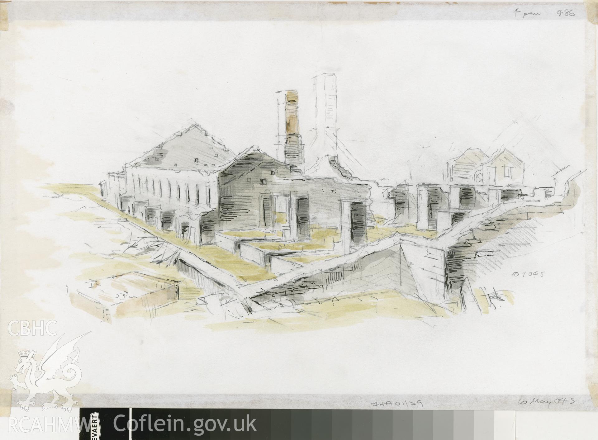 Steam Mill - Diffwys Quarry: (pencil, ink and watercolour) drawing 'looking along back'.
