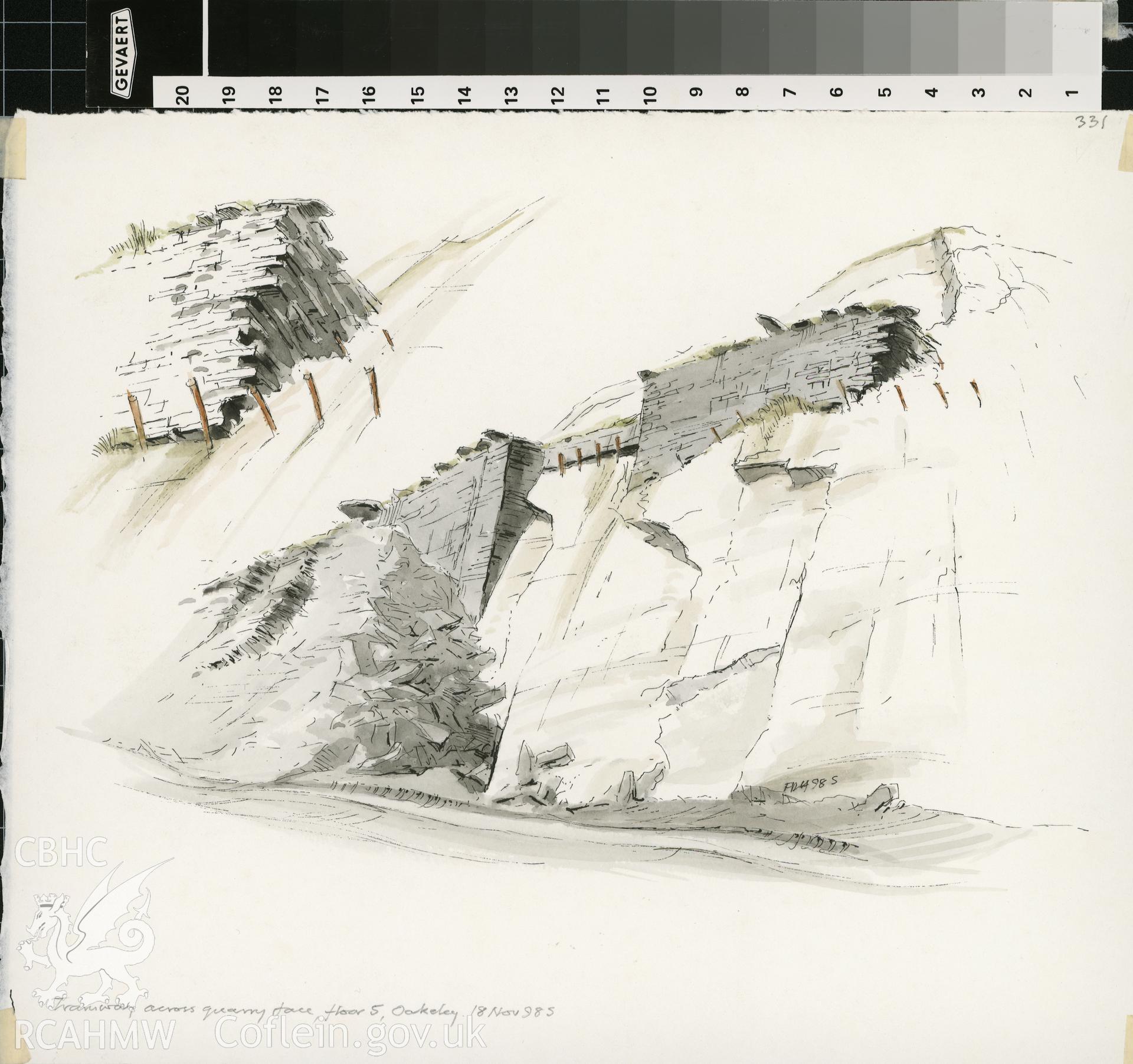 Oakeley Quarry - Tramway to Floor 5: (pencil, ink and watercolour) drawing, short view with detail.