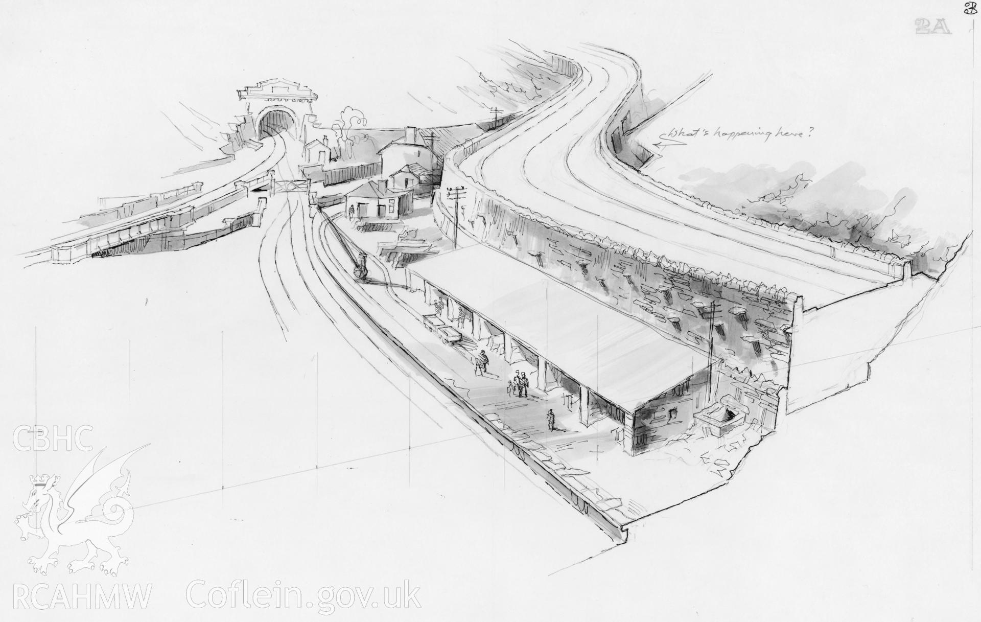 Llechwedd Quarry on the A470: (ink and watercolour) tracing from photo showing proposed elevated road.