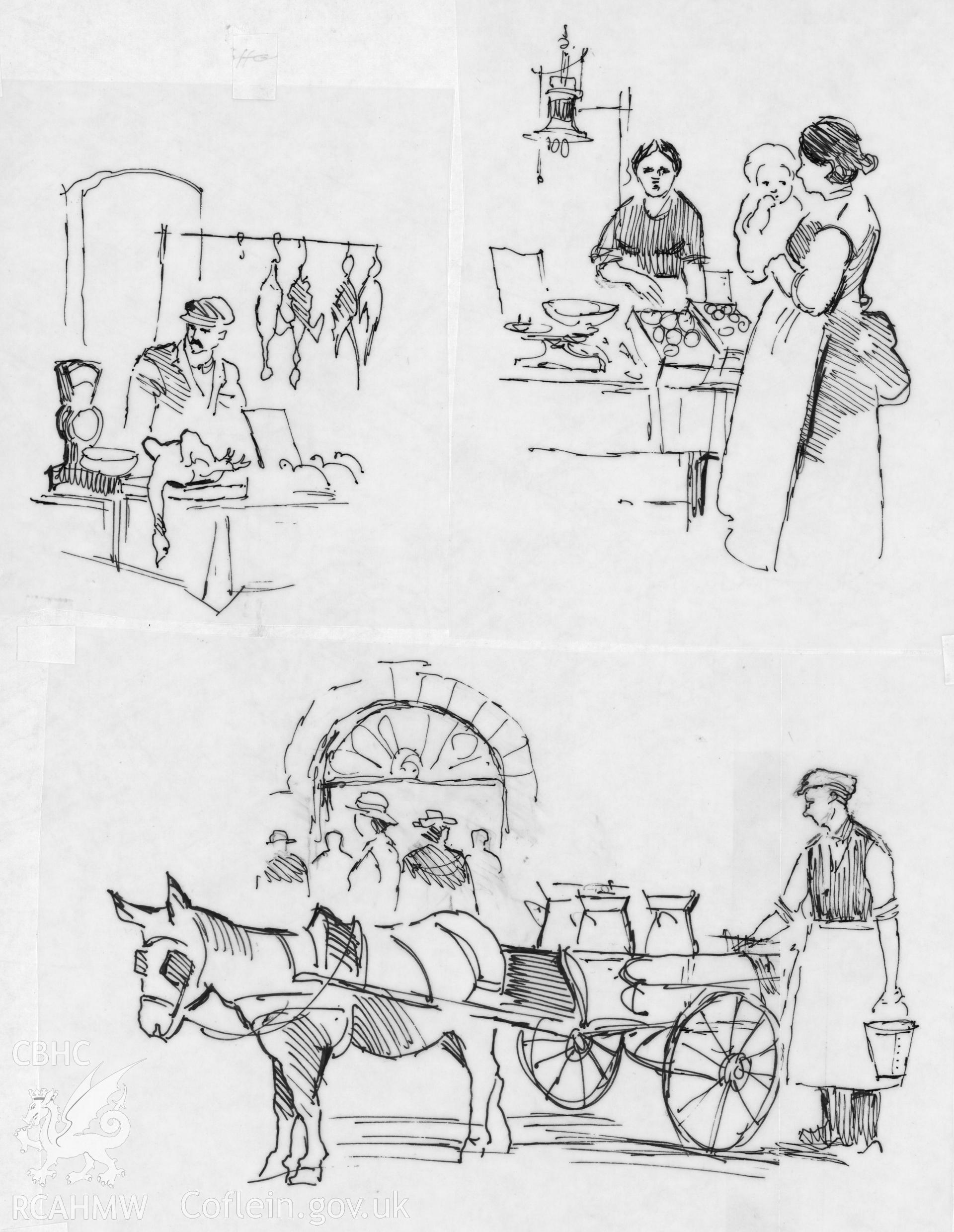 Market Hall and Square, Blaenau: 'illustrations for Steffan ap Owen's book on its history'.