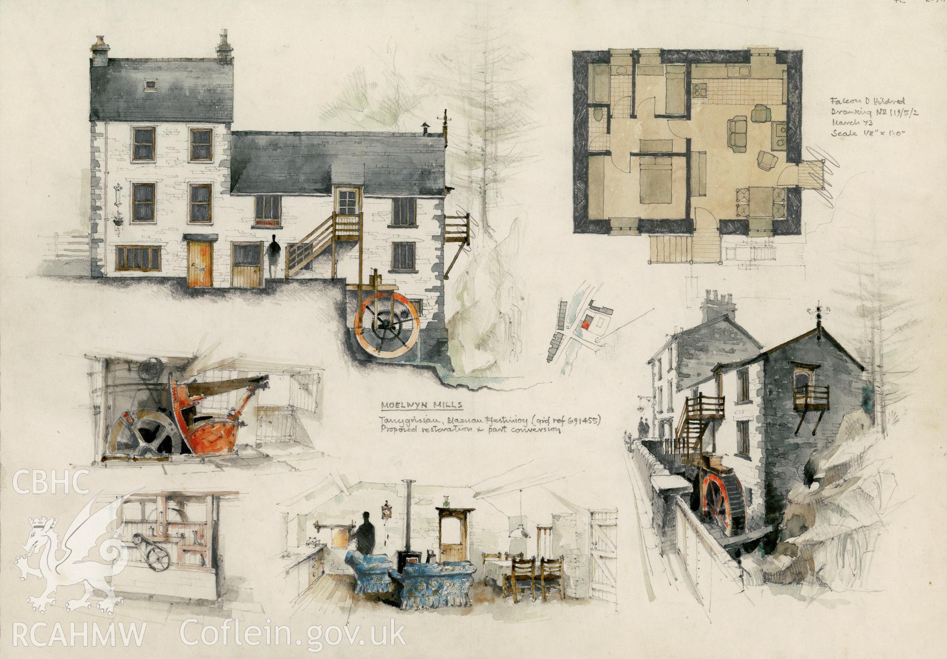 Moelwyn Mill: (pencil and watercolour) design, showing part-conversion to flat.