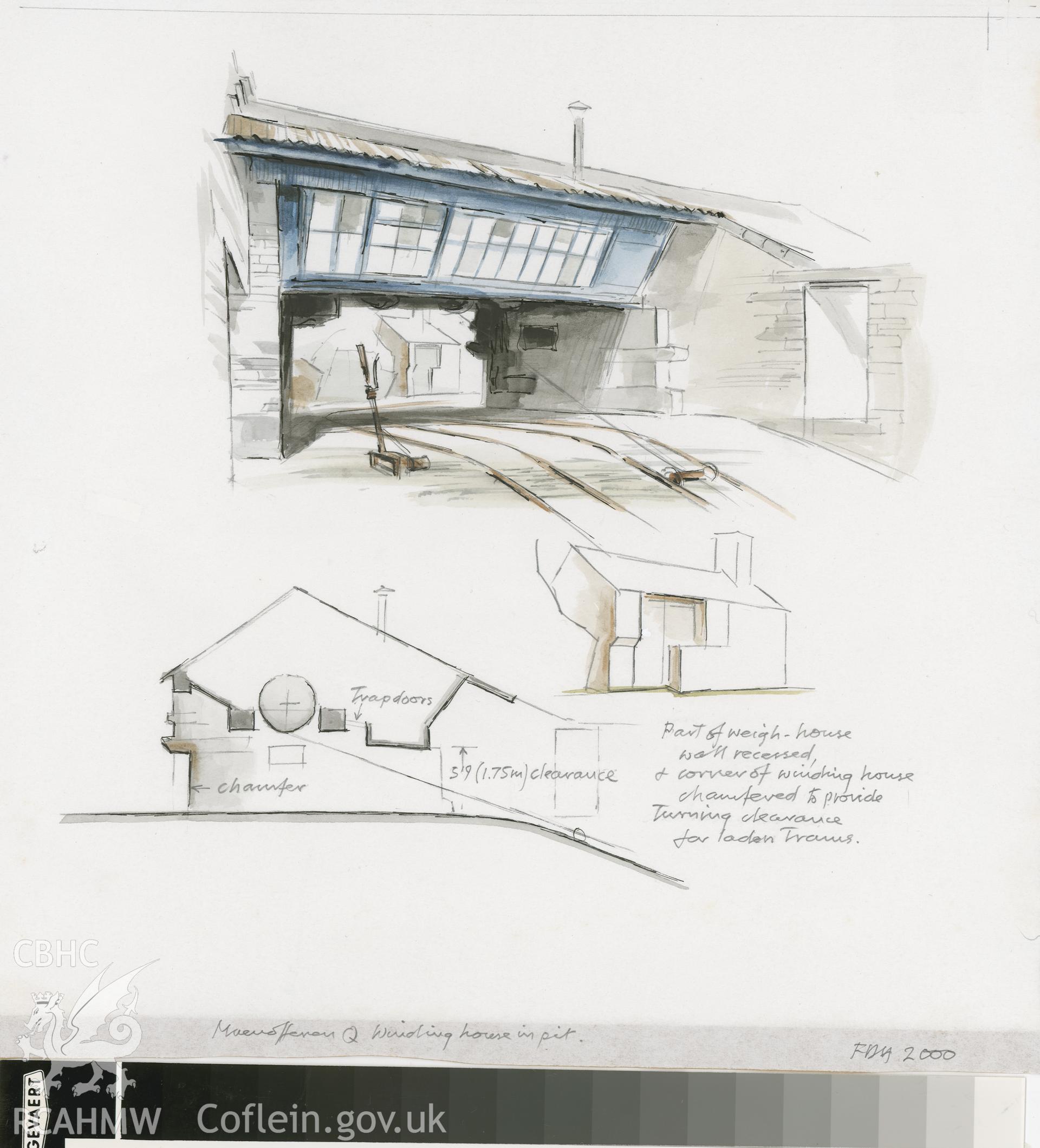 Maenofferen Quarry - Windin. House: (pencil, ink and watercolour) detail drawing, looking up.