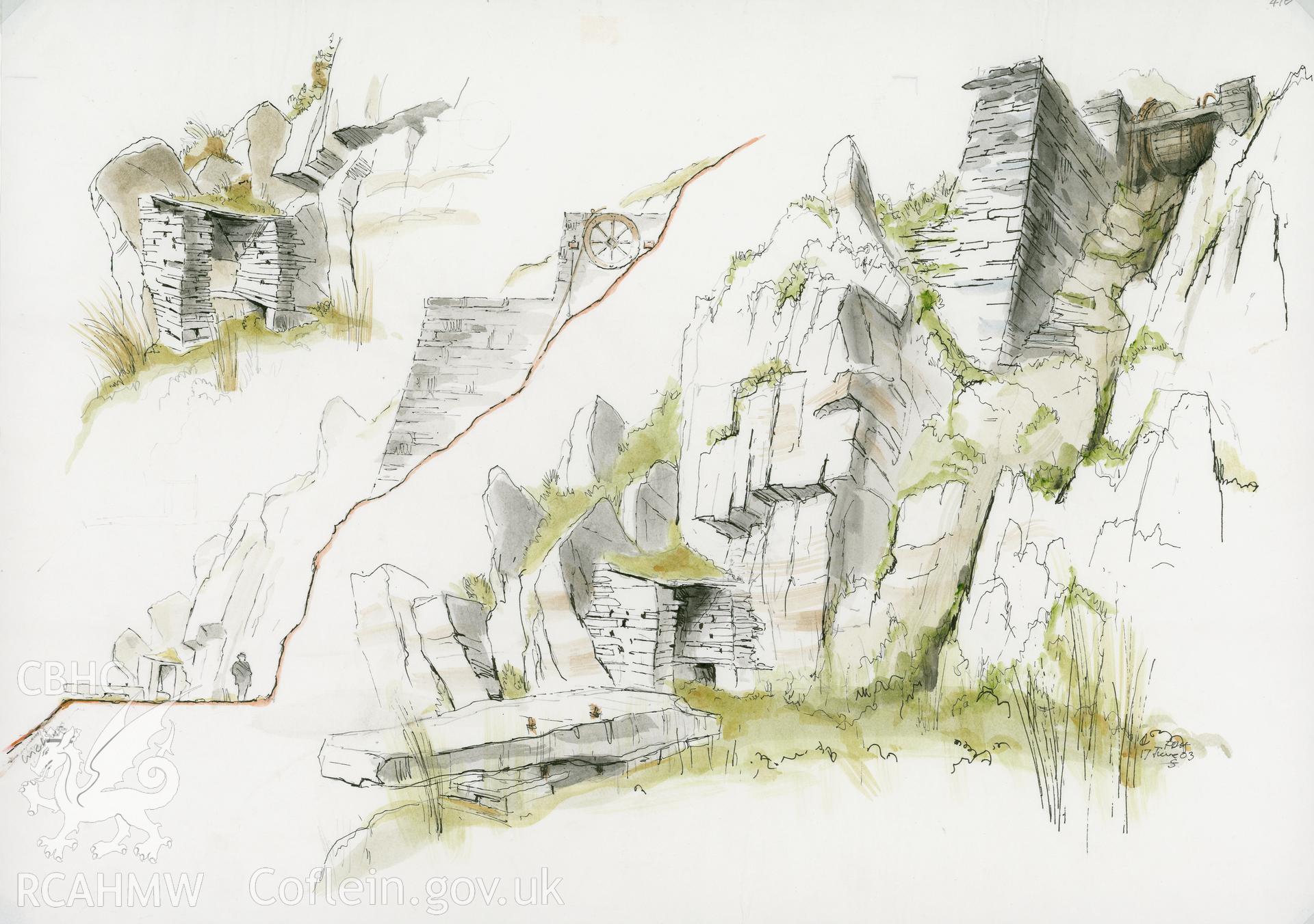 Rhosydd Drumhouse to Croesor Incline: (pencil, ink and watercolour) drawing.