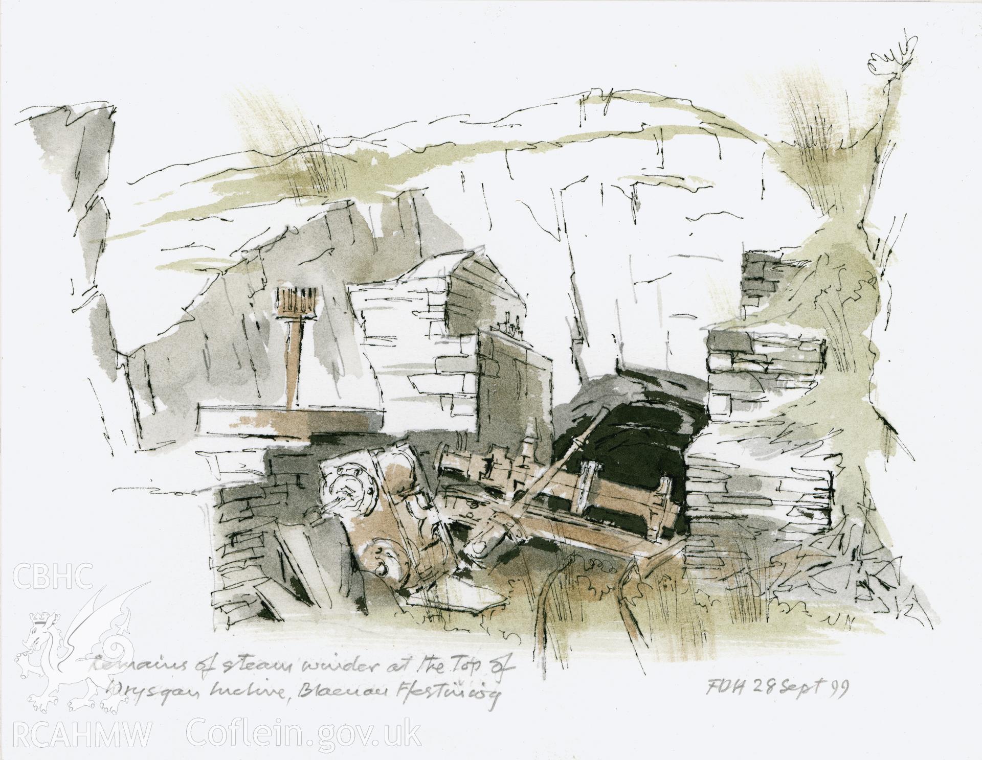 Wrysgan, Remains of Steam Winder: (pencil, ink and watercolour) drawing.