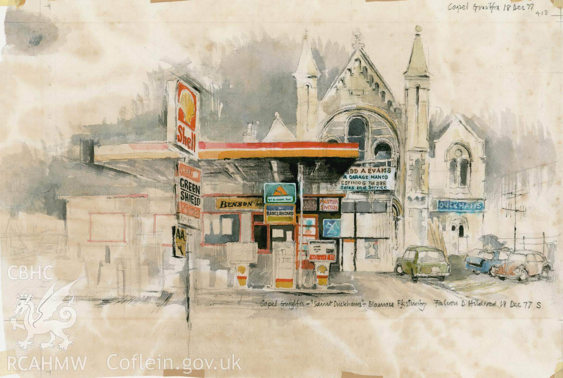 St. Duckhams (Gwylfa Garage) - Exterior: (pencil and watercolour) drawing.