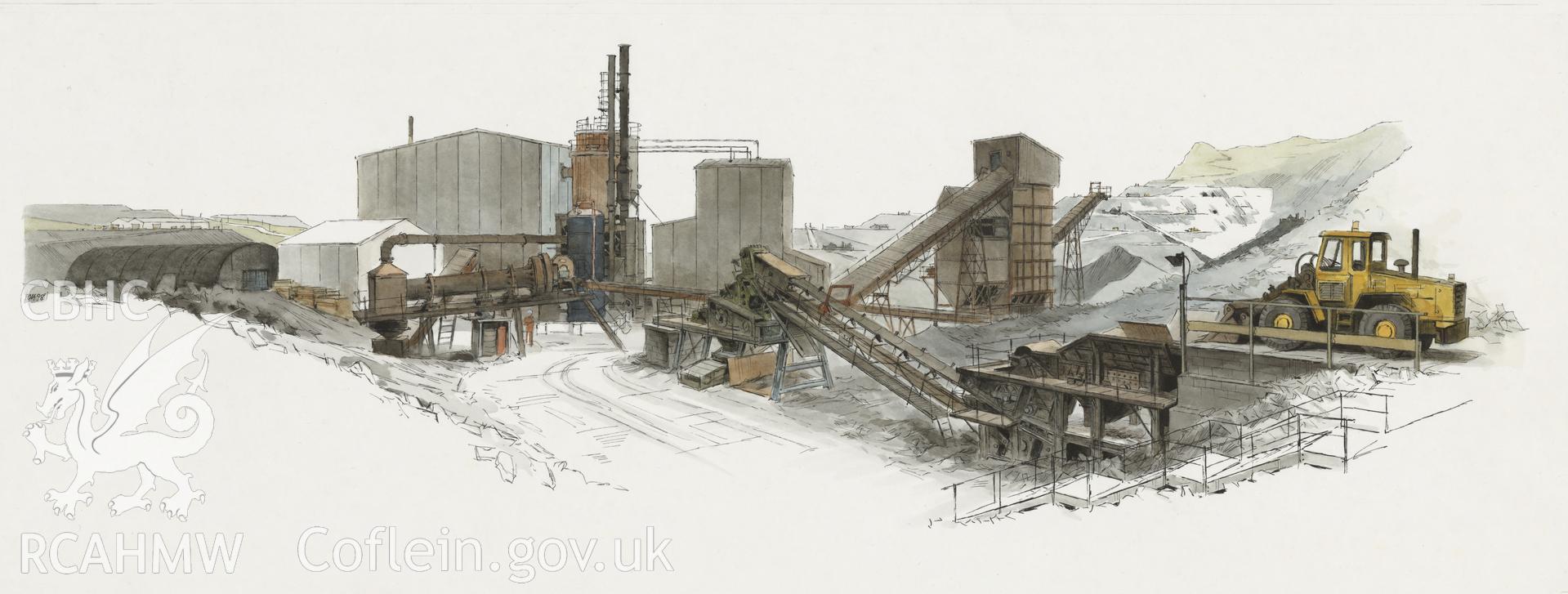 Redland Slate Crushing Plant - Oakeley Quarry: (pencil, ink and watercolour) main drawing.