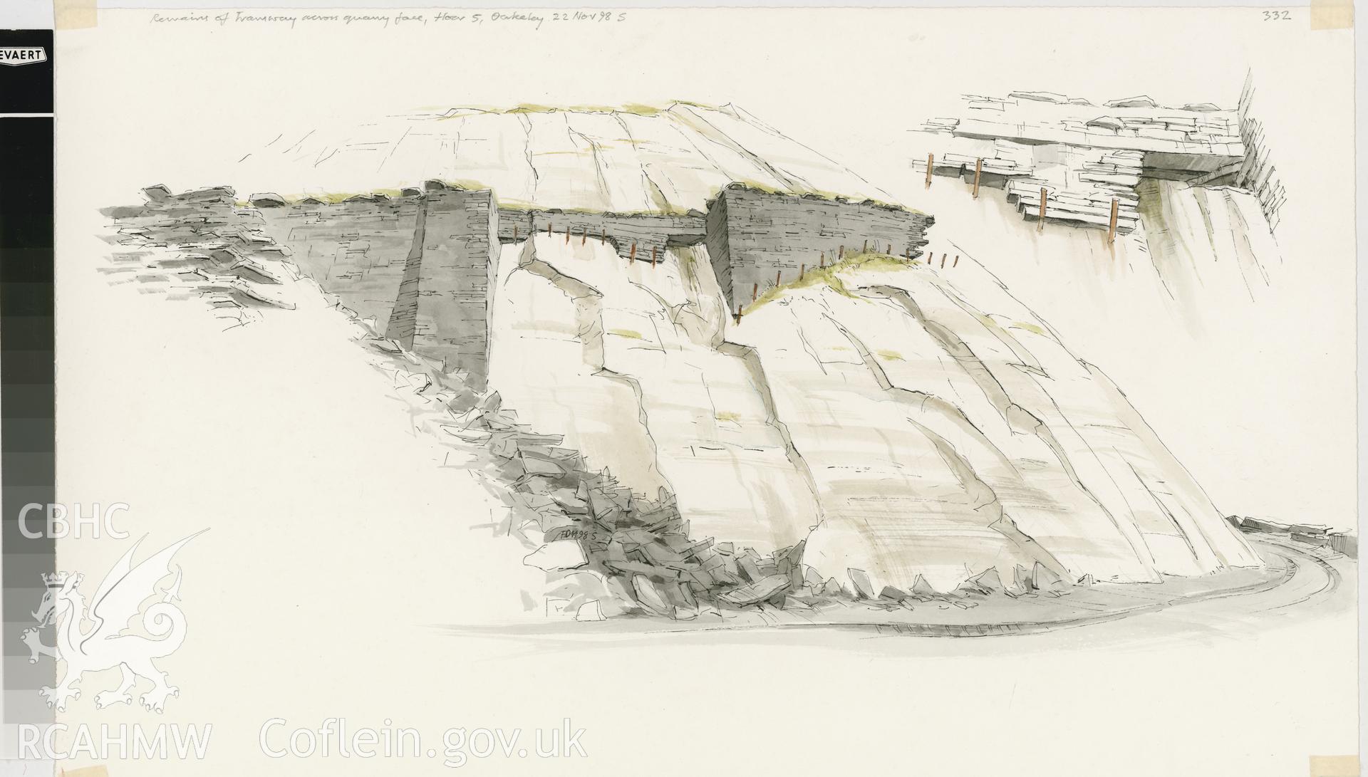 Oakeley Quarry - Tramway to Floor 5: (pencil and ink) drawing, long view with detail.