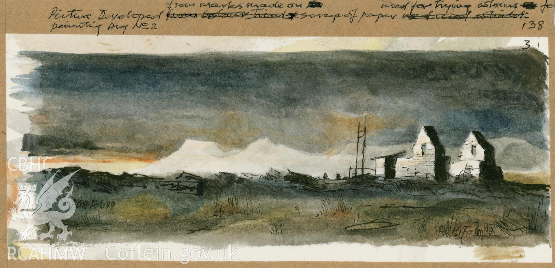 Drum House at Sunset: (pencil and watercolour) drawing, Garreg Ddu Quarry.