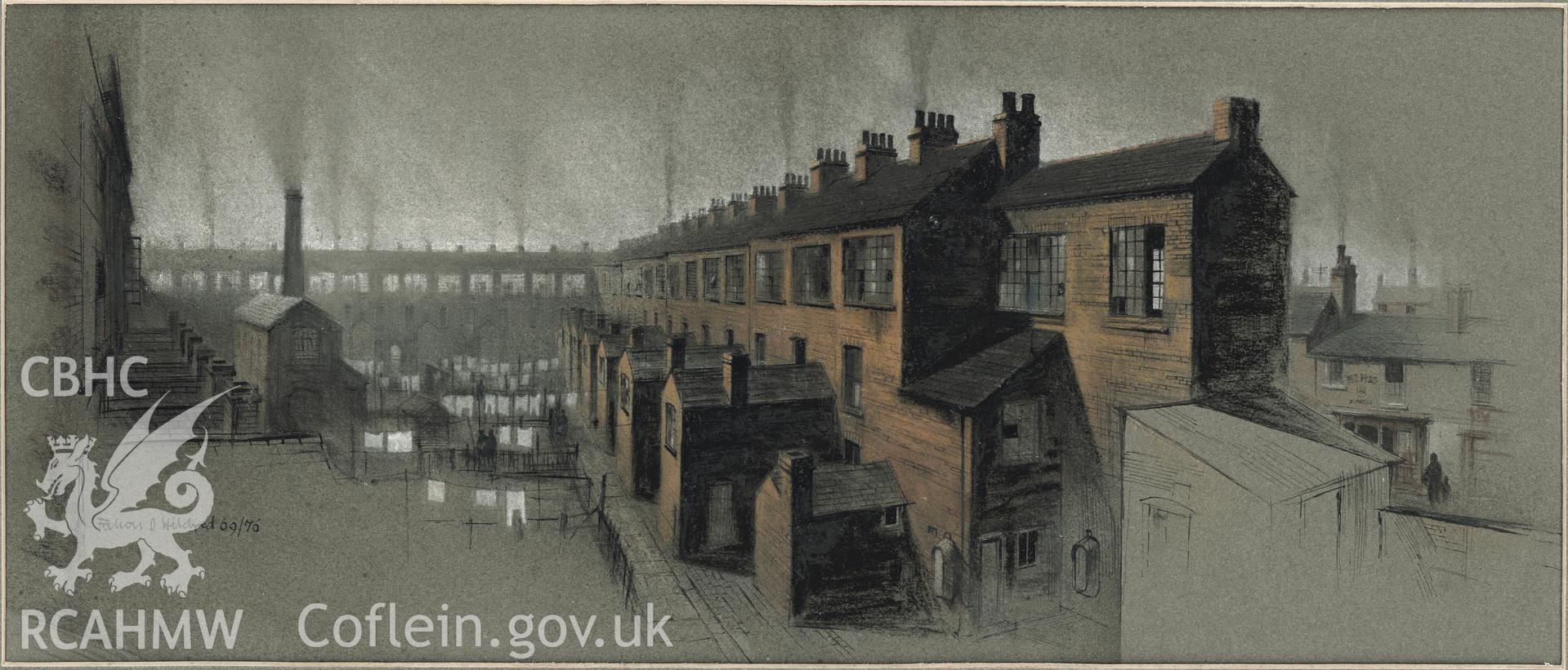 Eli Green's Cottage Factory, Coventry: finished (chalk and ink) drawing of 'Weaver's View'.