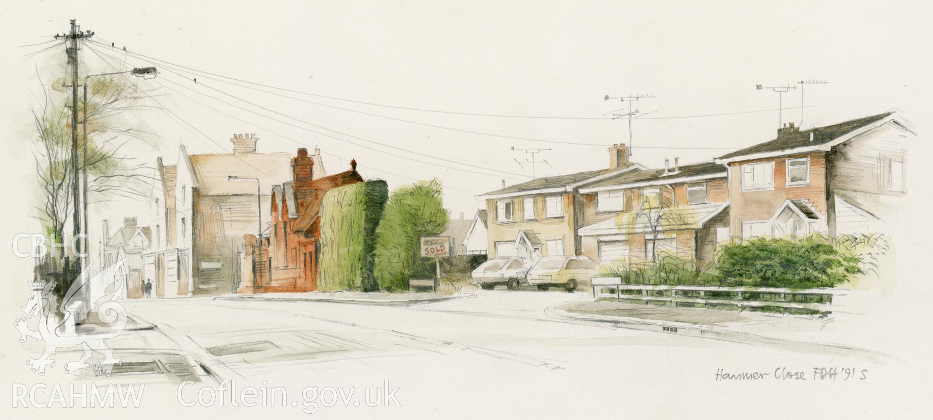 Overton-on-Dee: (pencil and watercolour) drawing, Hammer Close with High Hedge.