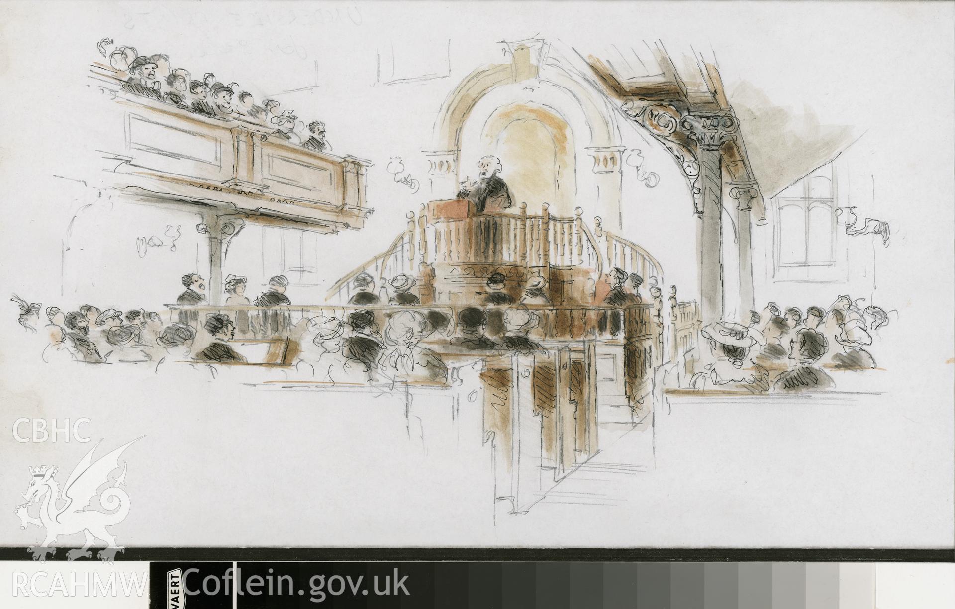 Bethania Chapel: (pencil, ink and watercolour) detail drawing of Service in Progress.