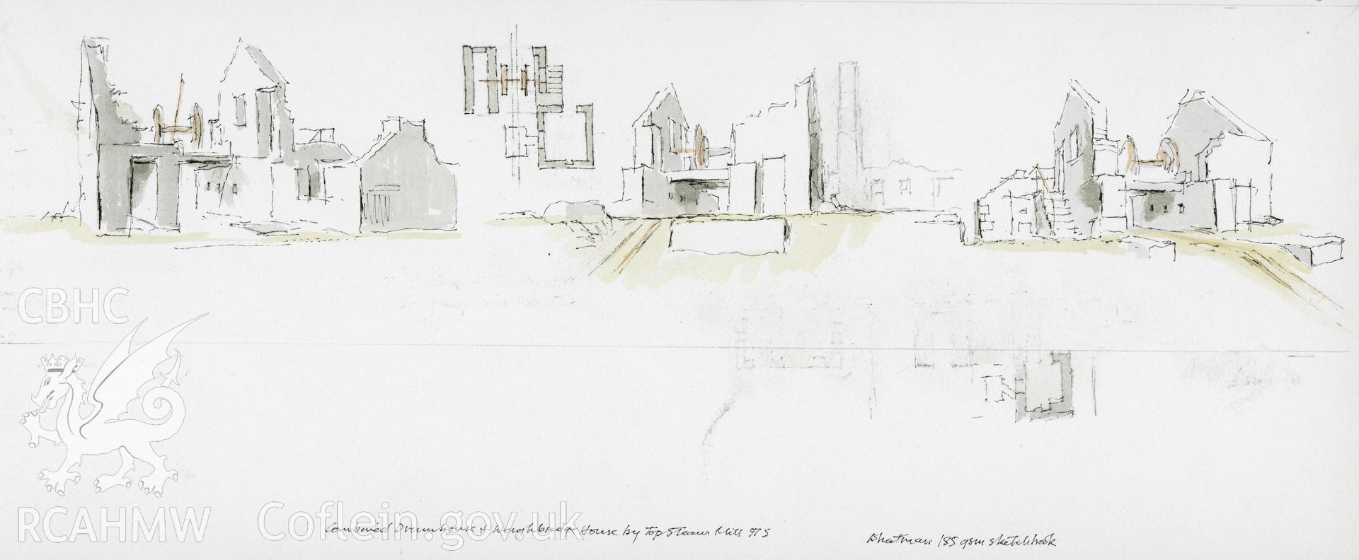 Steam Mill - Diffwys Quarry: (ink and watercolour) Combined Drum House and Weighbridge.