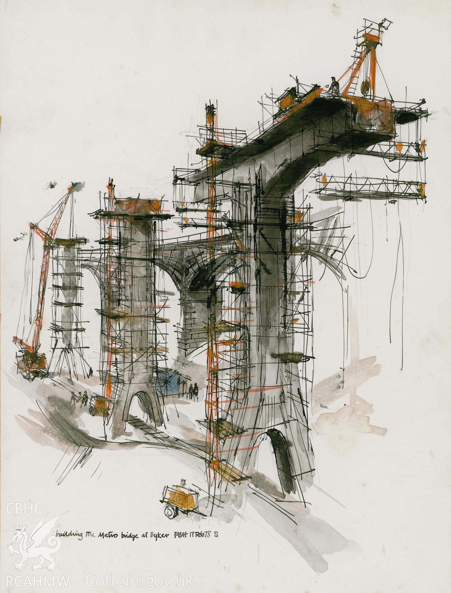 Building Bridge For Byker Metro, Newcastle: (pencil, ink and watercolour) drawing.